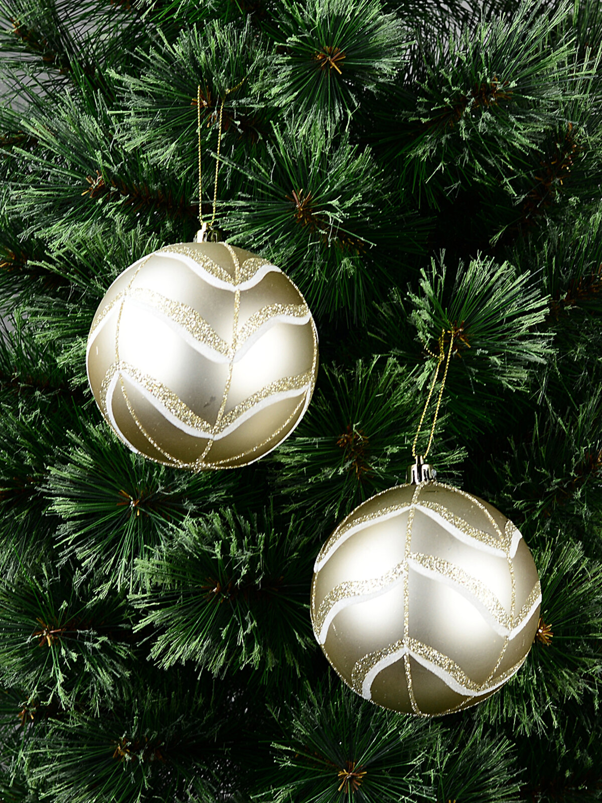 2x Classic Champagne Gold Signature Satin Geometric Wave Baubles | 10cm