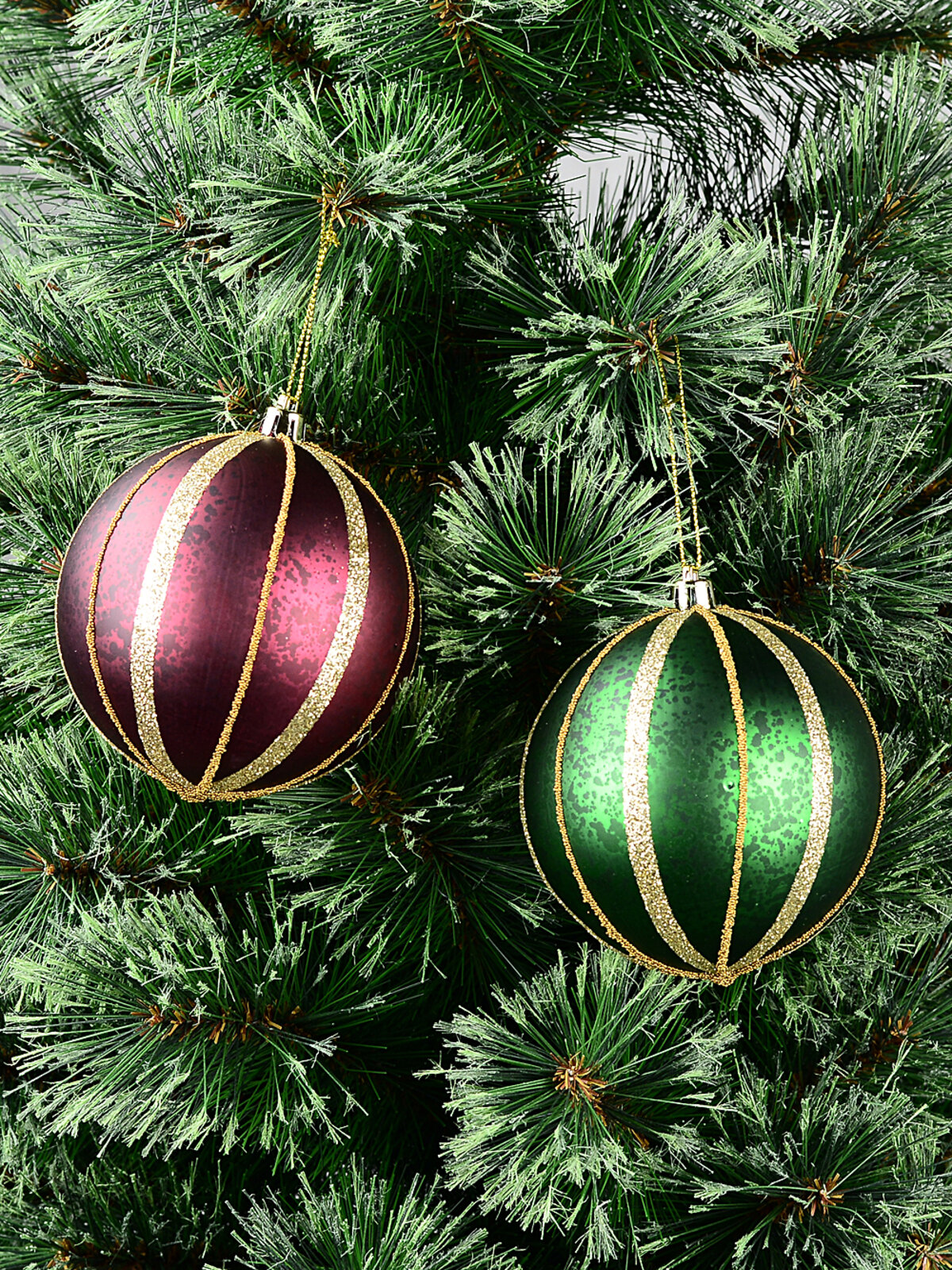 2x Heritage Green & Burgundy Signature Mercury Glitter Stripe Baubles | 10cm