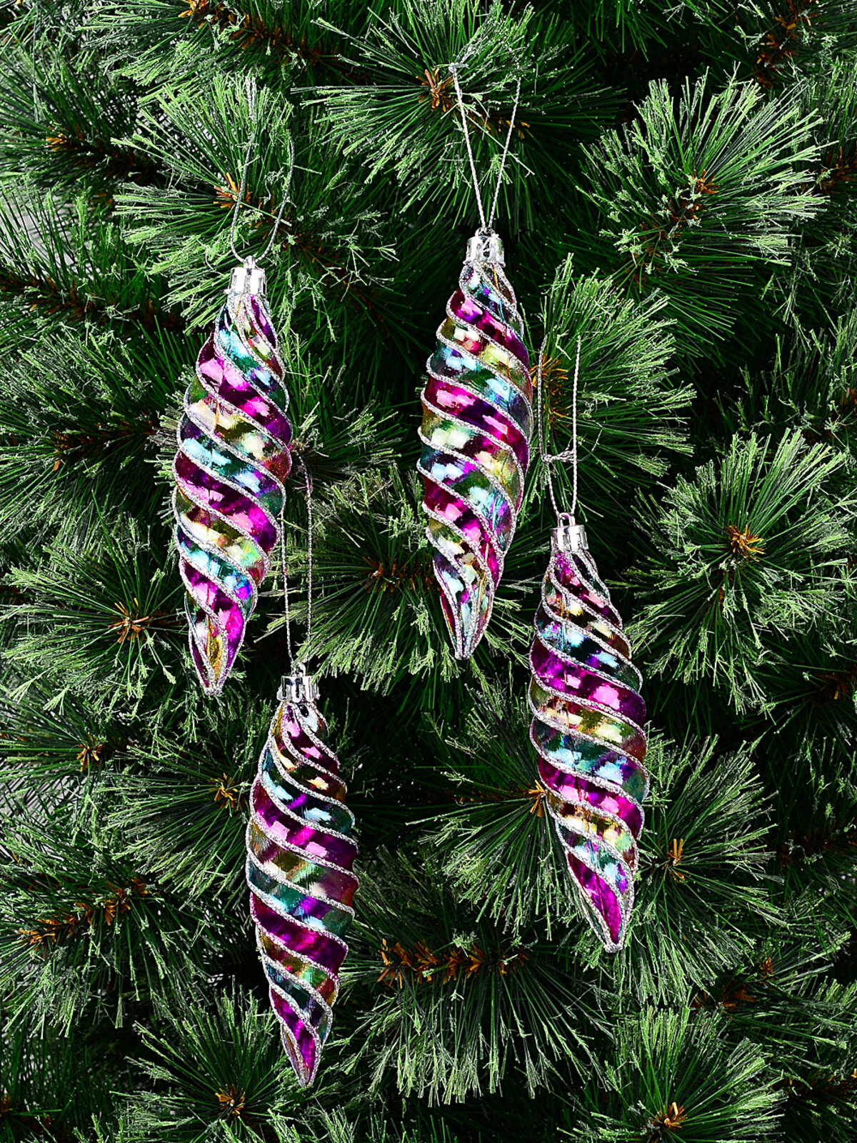 4x Whimsical Jewel Tone Iridescent Signature Spiral Silver Finial Drops | 13cm
