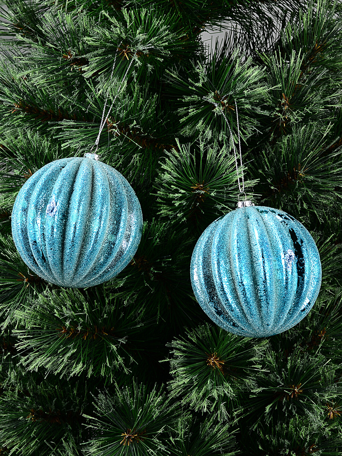 2x Dynamic Turquoise Signature Ridge Textured & Glitter Baubles | 10cm — image 2