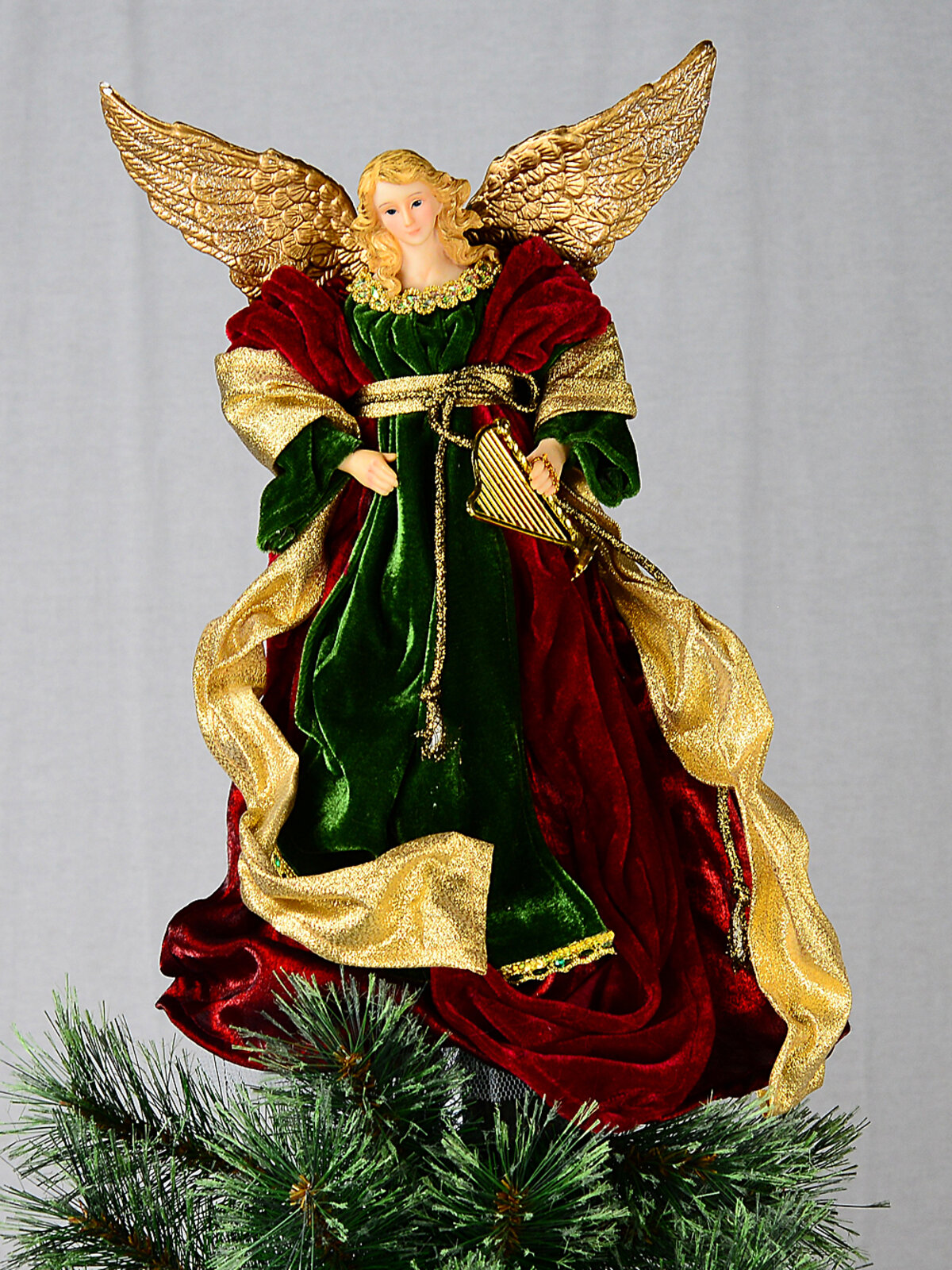 Heritage Crimson Red & Forest Green Grand Velvet Angel Tree Topper | 42cm — image 2