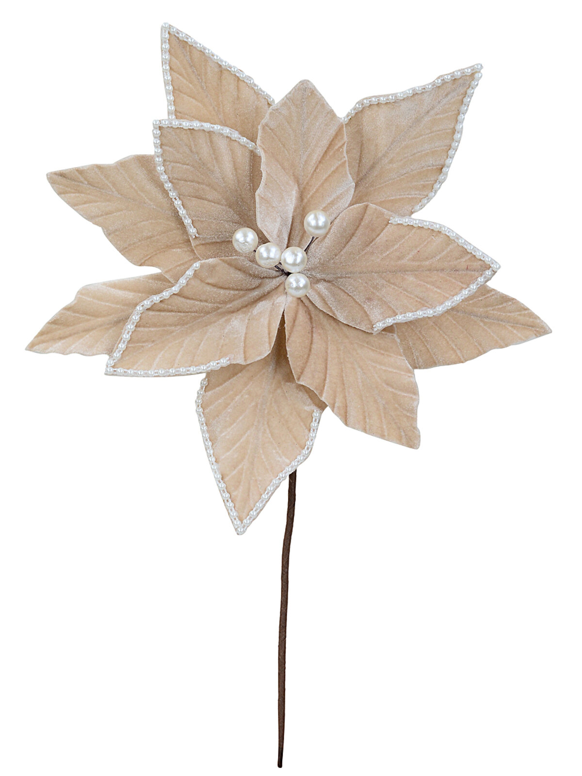 Champagne Khaki Velvet Christmas Poinsettia Stem With Faux Pearl Trim | 28cm — image 3