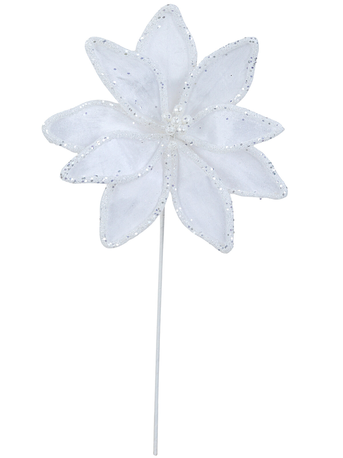 Winter White Velvet Poinsettia Long Stem With Silver Sequin Trim | 32cm — image 4