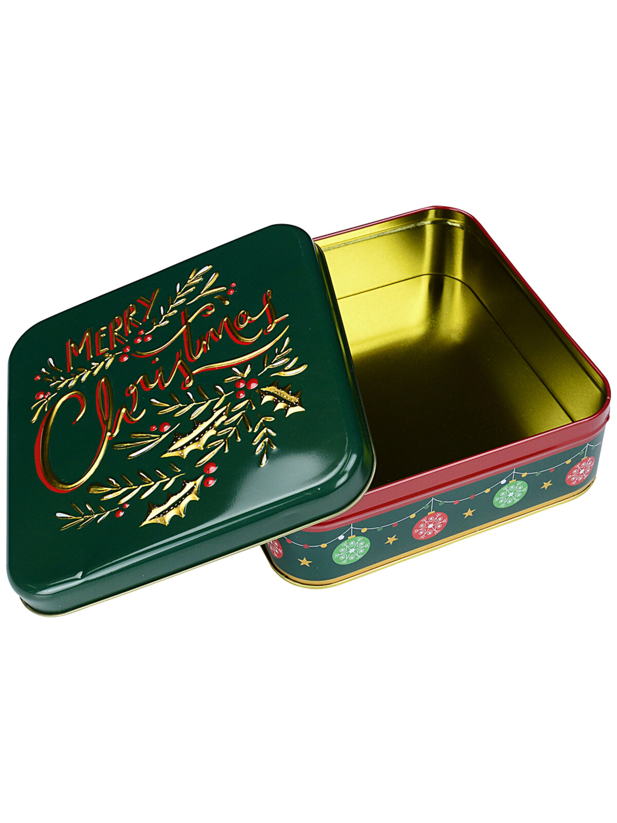 Green Merry Christmas Cookie Tin | 17cm Festive Gift Box With Gold Holly Detail