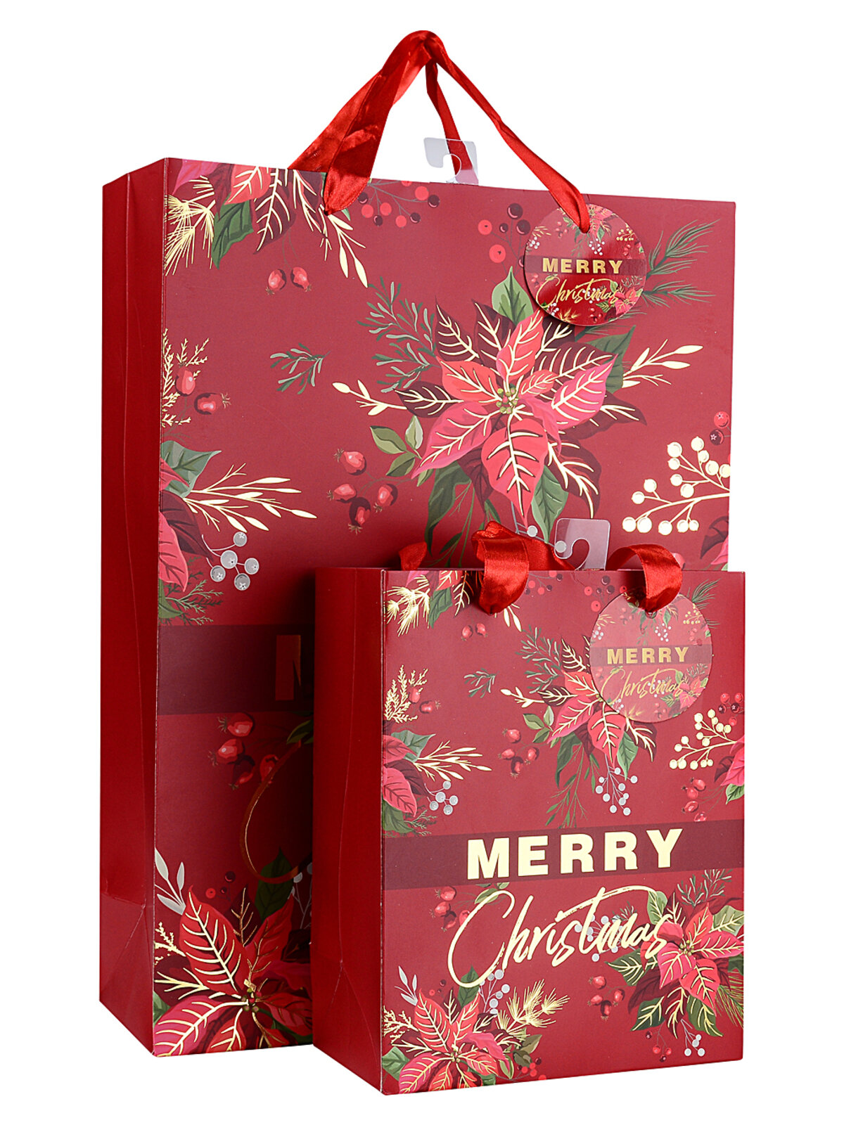 Small Luxury Gold Foil Poinsettia & Botanical Christmas Gift Bag | 23cm