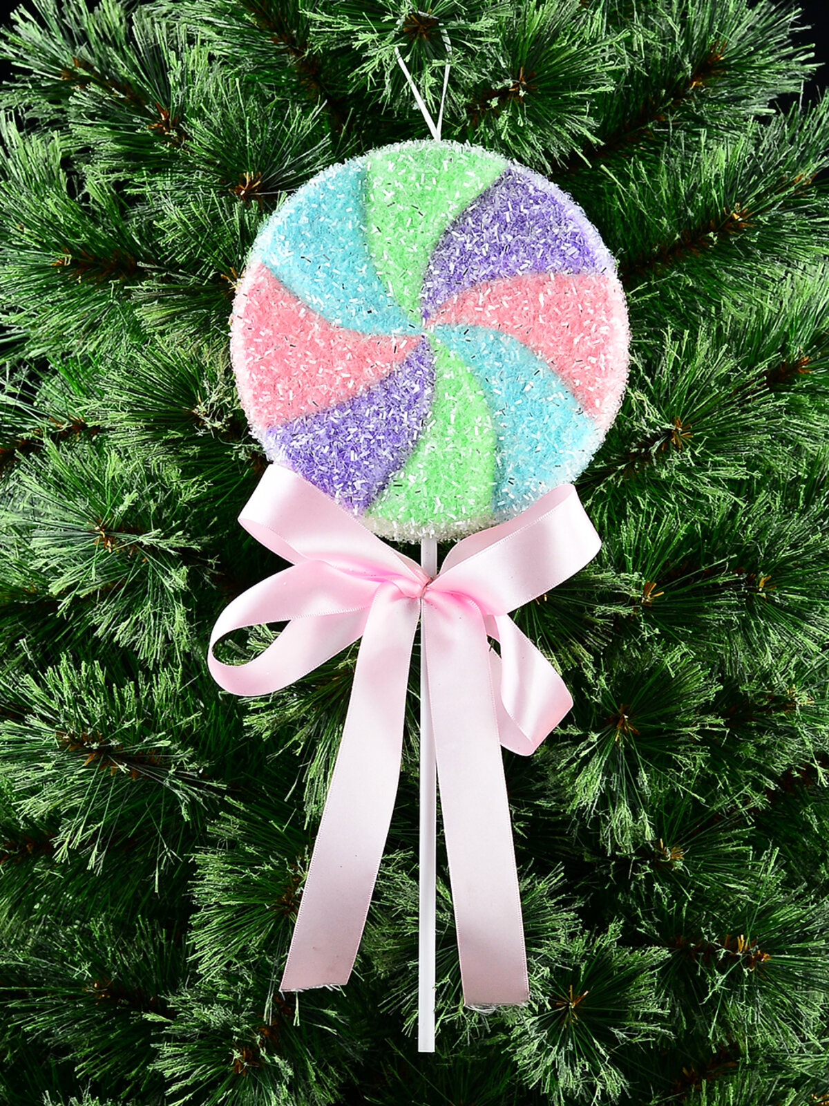 Pastel Rainbow Swirl Peppermint Lollipop Stem With Pink Satin Bow | 35cm — image 2