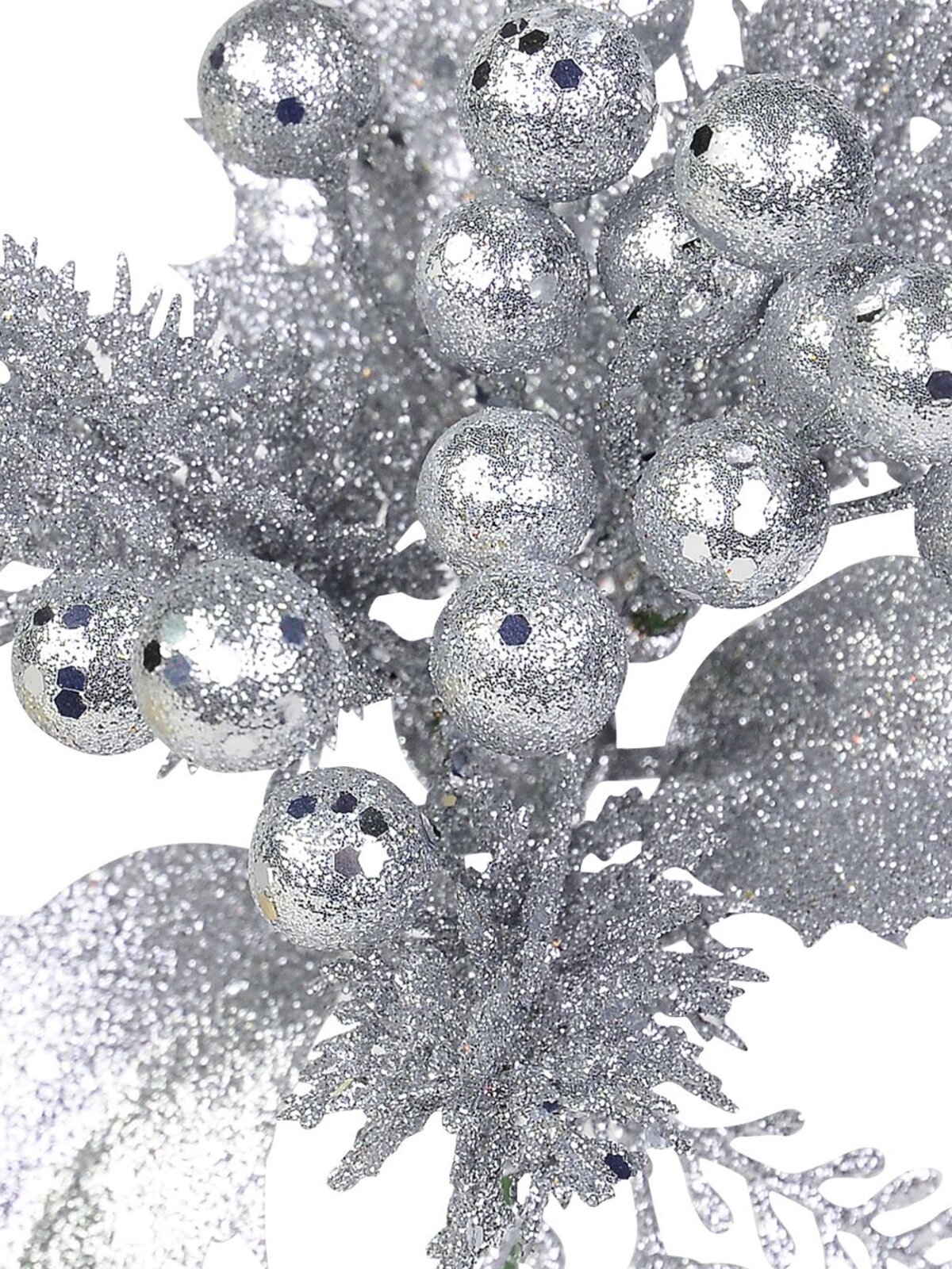 20cm Silver Berries With Twigs & Leaves Foliage Christmas Tree Stem Pick