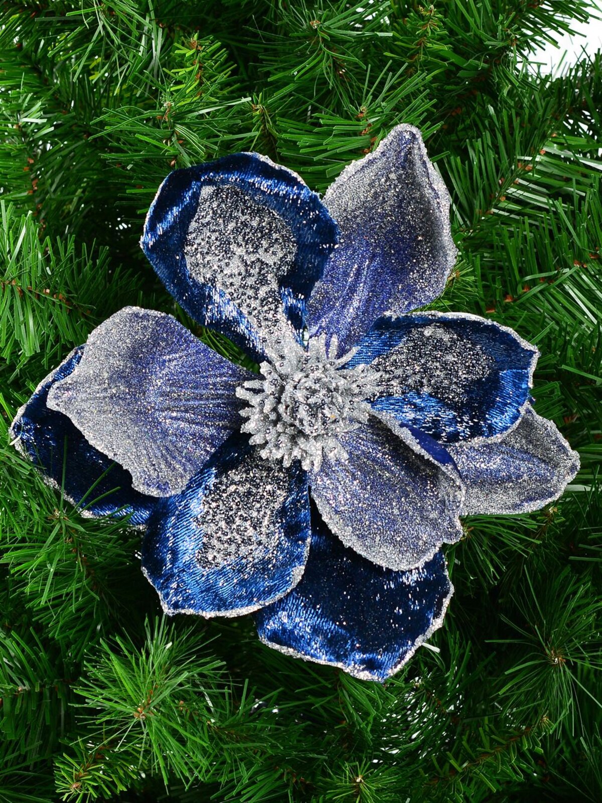 Dark Blue & Silver Magnolia Flower Christmas Tree Clip Pick | 22cm — image 2