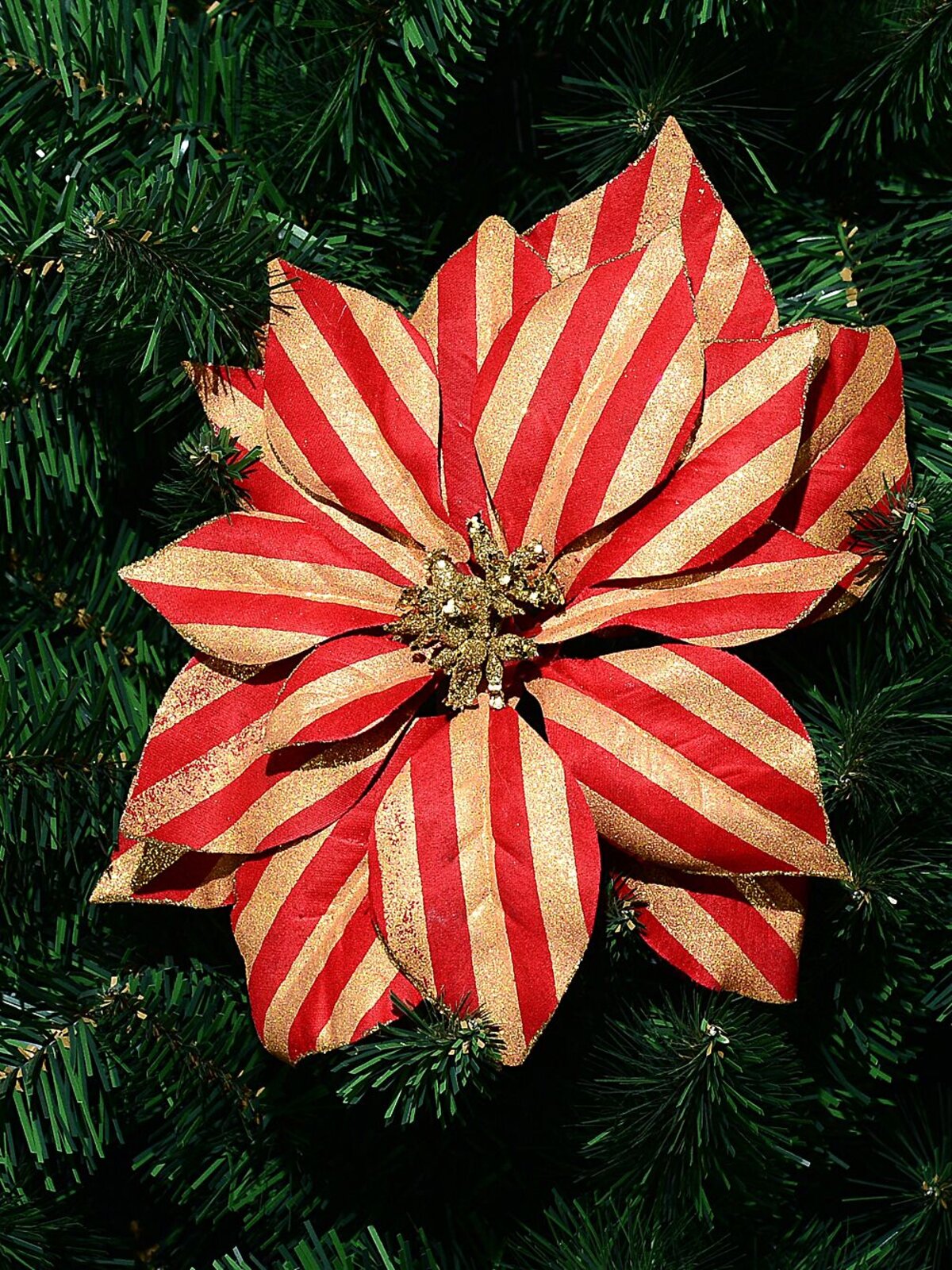 Red & Gold Glitter Stripe Poinsettia Christmas Tree Clip Pick | 22cm — image 2