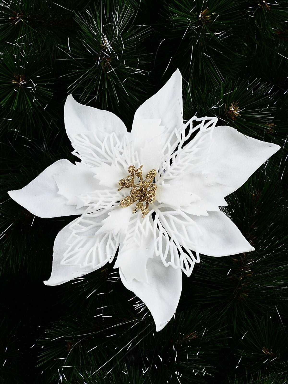 White With Gold Cyathia Poinsettia Christmas Tree Clip Pick | 22cm — image 2