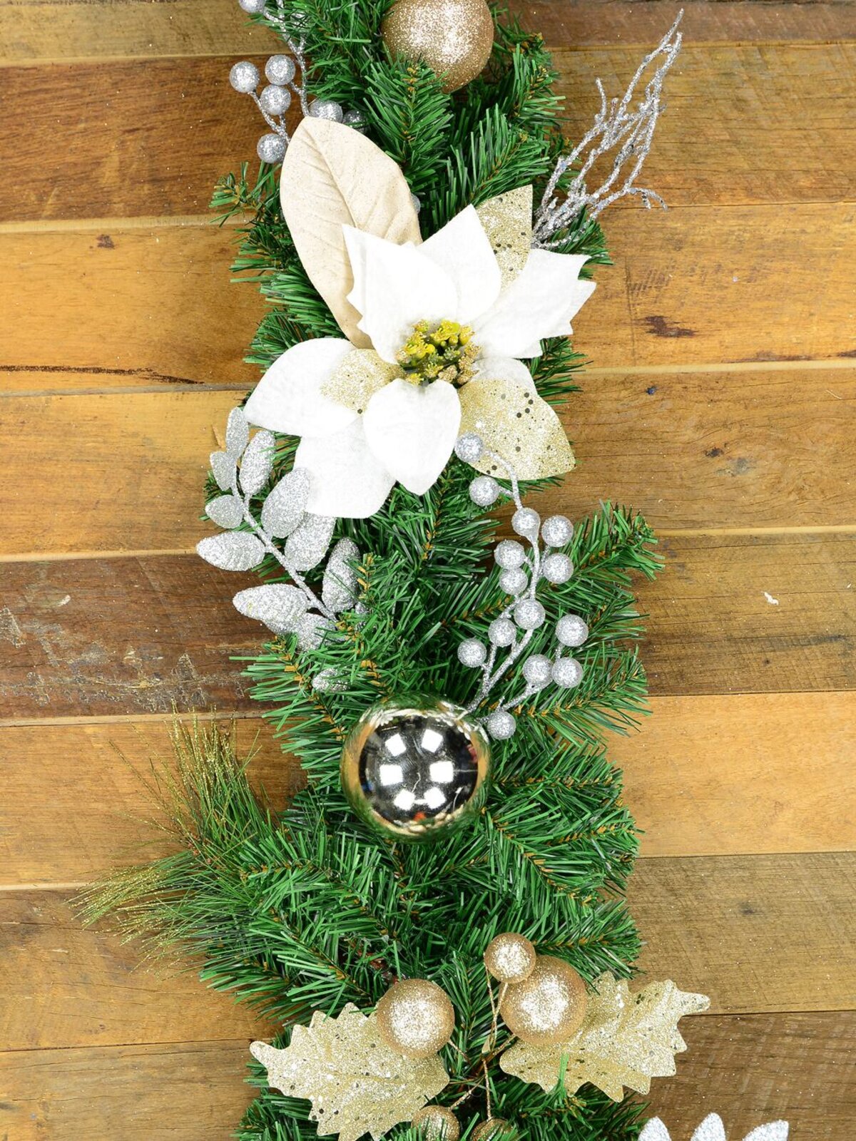 2.3m White Poinsettia and Mistletoe Christmas Garland | Gold & Silver Baubles — image 6