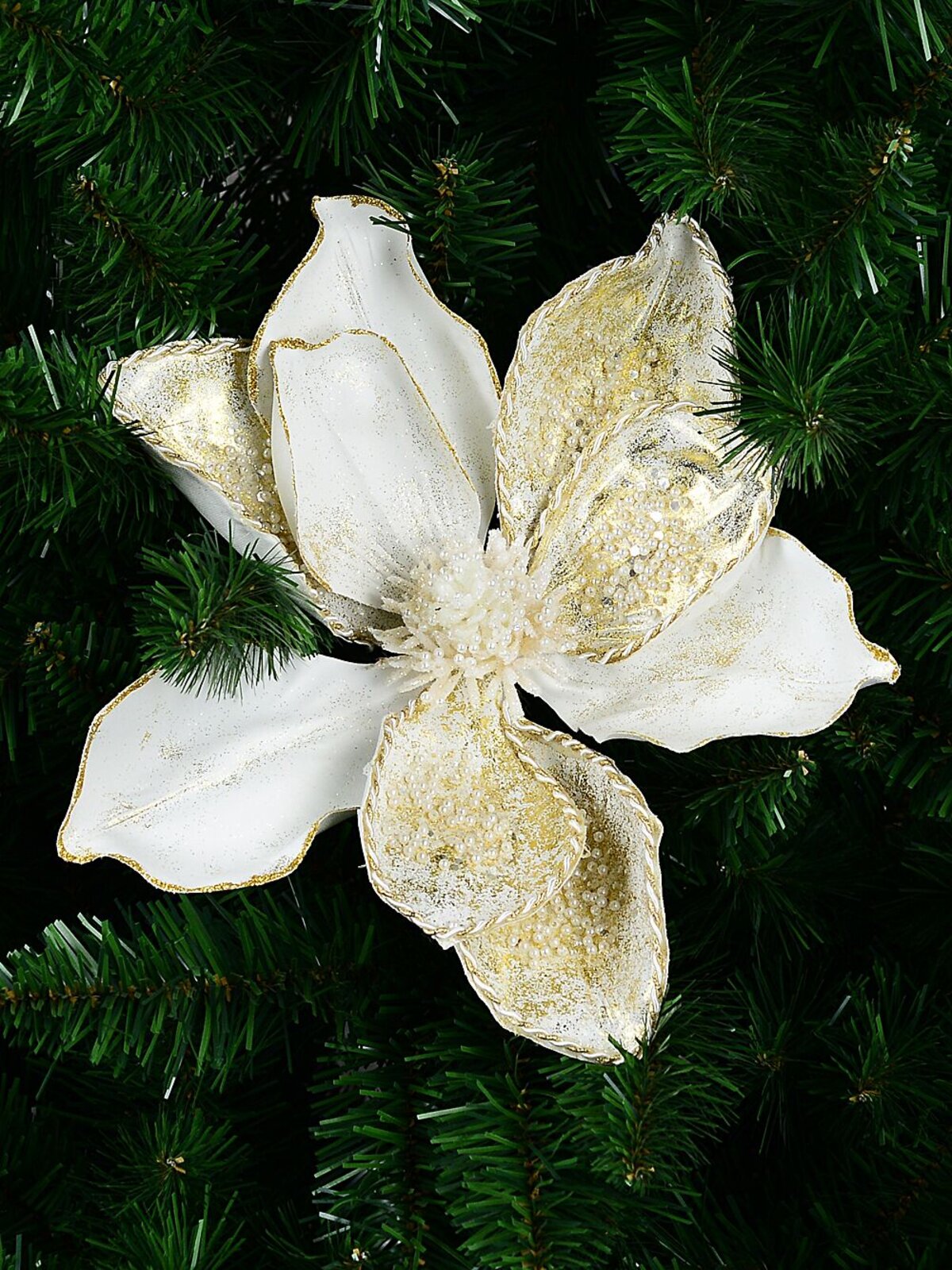 White With Gold & Faux Pearls Magnolia Christmas Tree Clip Pick | 24cm — image 2