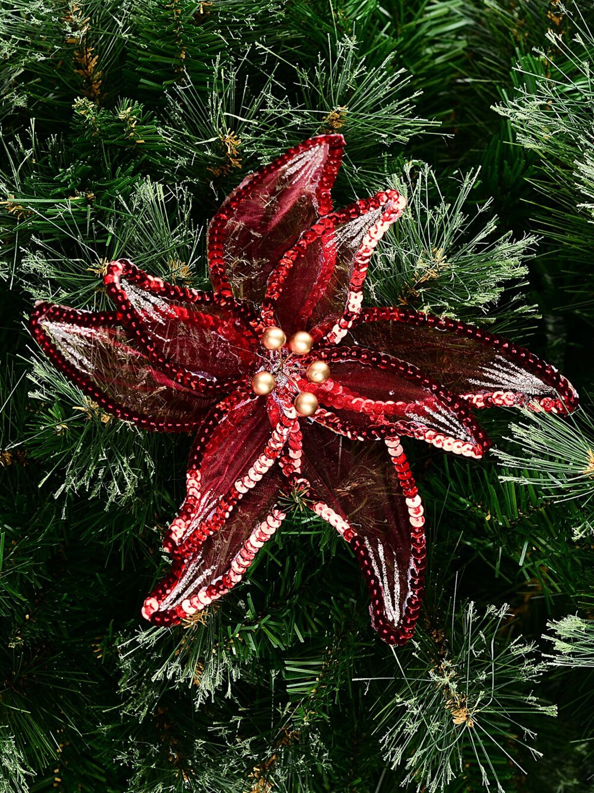 Red Organza Poinsettia With Sequins Christmas Tree Clip Pick | 25cm — image 2