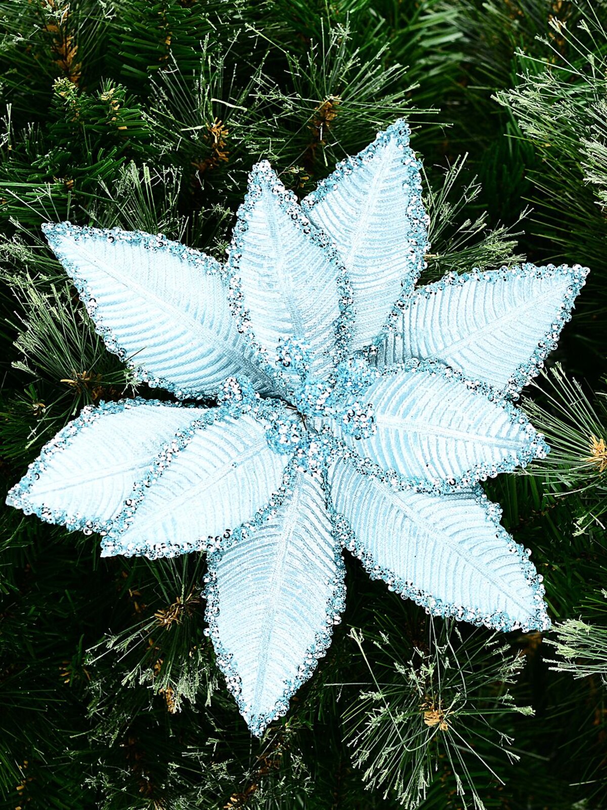 25cm Turquoise Velour & Sequins Poinsettia Christmas Tree Clip Pick — image 2