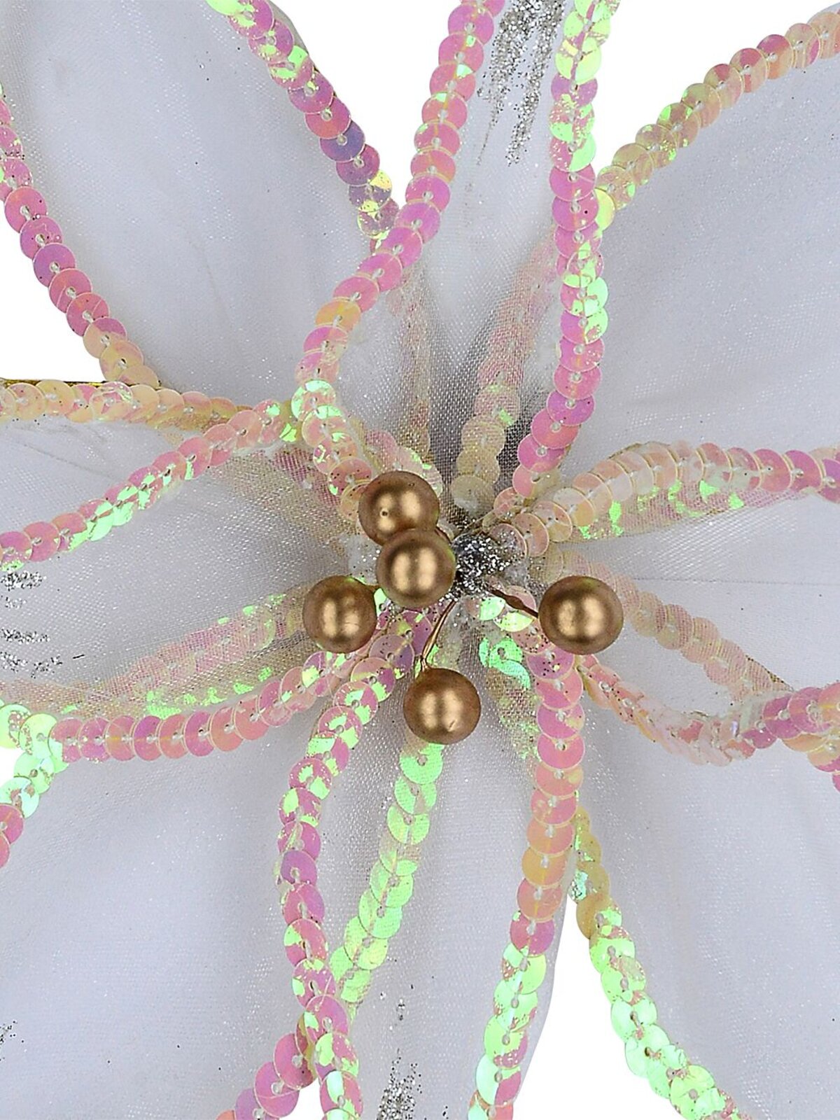 White Organza Poinsettia With Iridescent Christmas Tree Clip Pick | 25cm — image 3