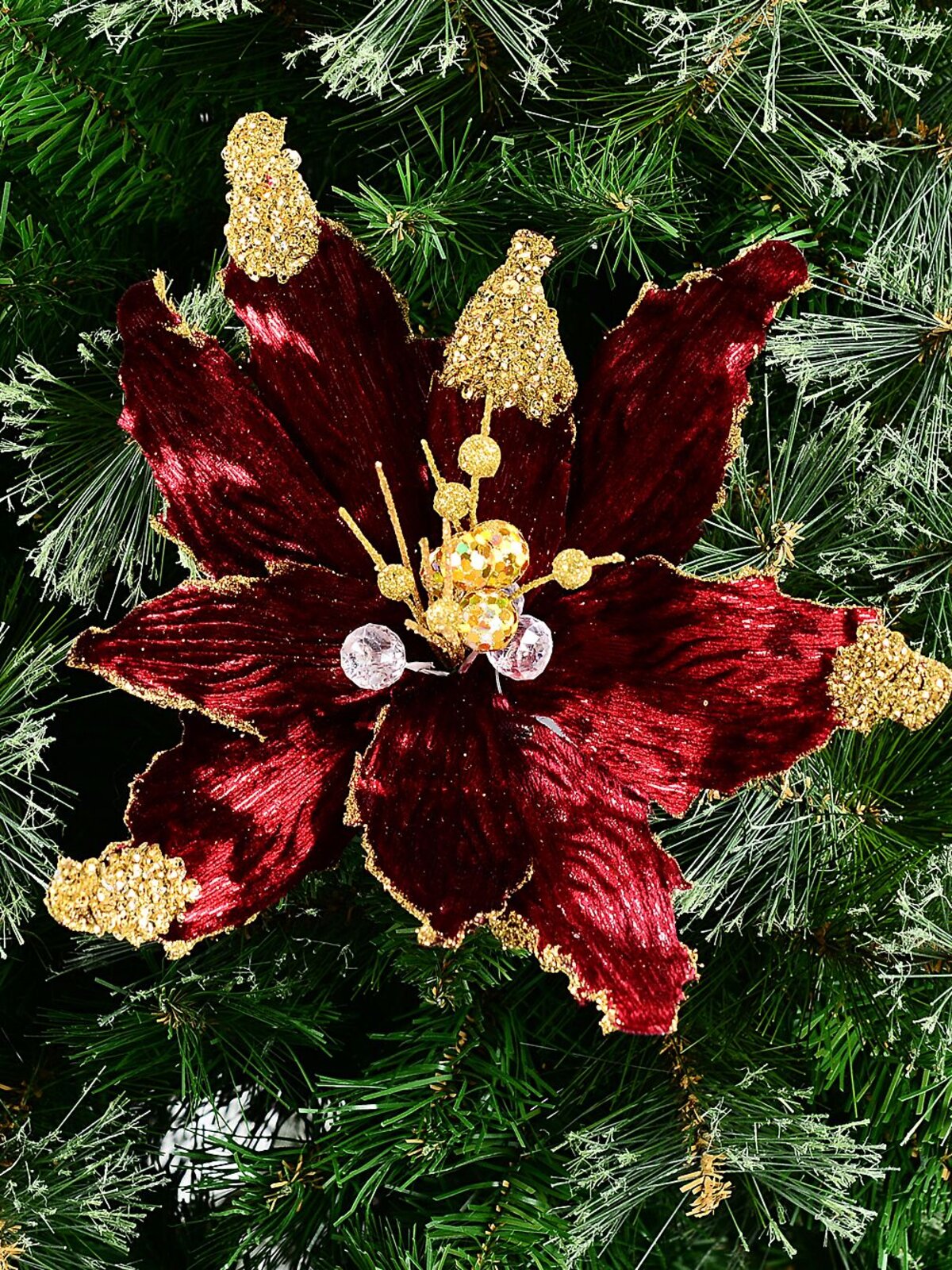 Burgundy & Gold Poinsettia Christmas Tree Clip Pick | 26cm — image 2