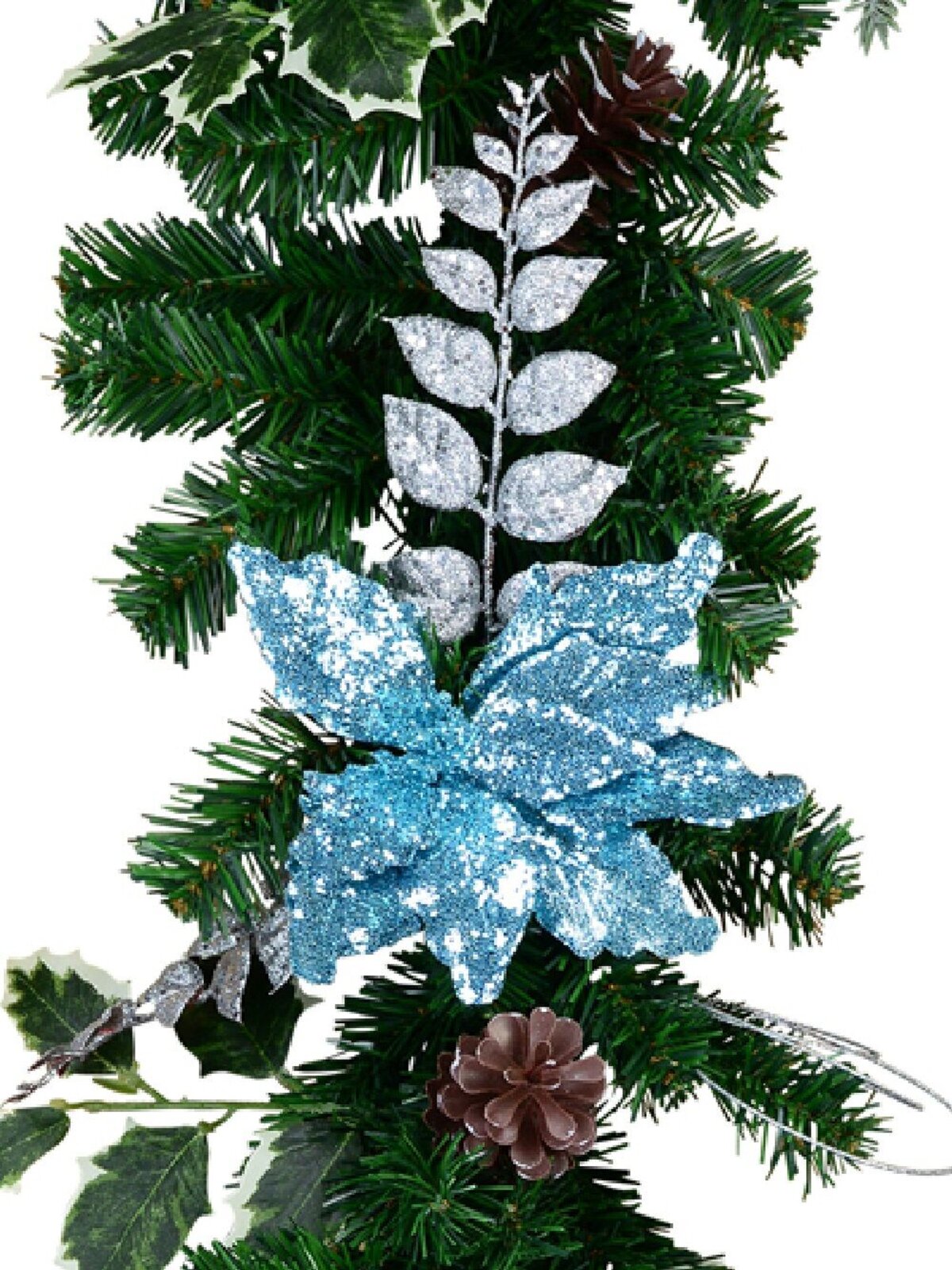 2.7m Decorated Blue Poinsettia, Pine Cone, Foliage & Baubles Pine Garland — image 3