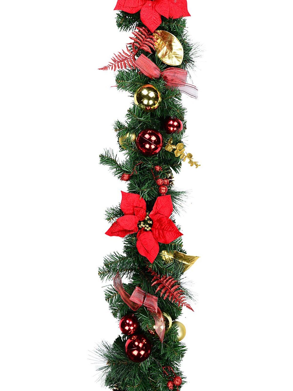 2.7m Decorated Red & Gold Poinsettia Christmas Garland | Baubles & Mesh Bows — image 5