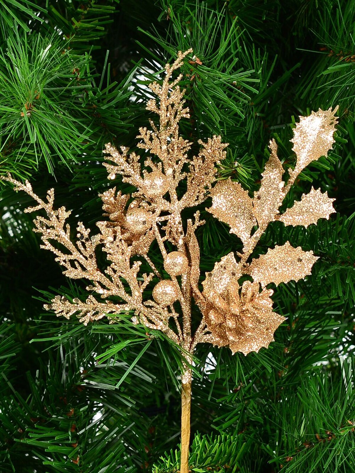 Gold Glitter Mixed Foliage With Pinecone & Berries Christmas Stem Pick | 28cm — image 2