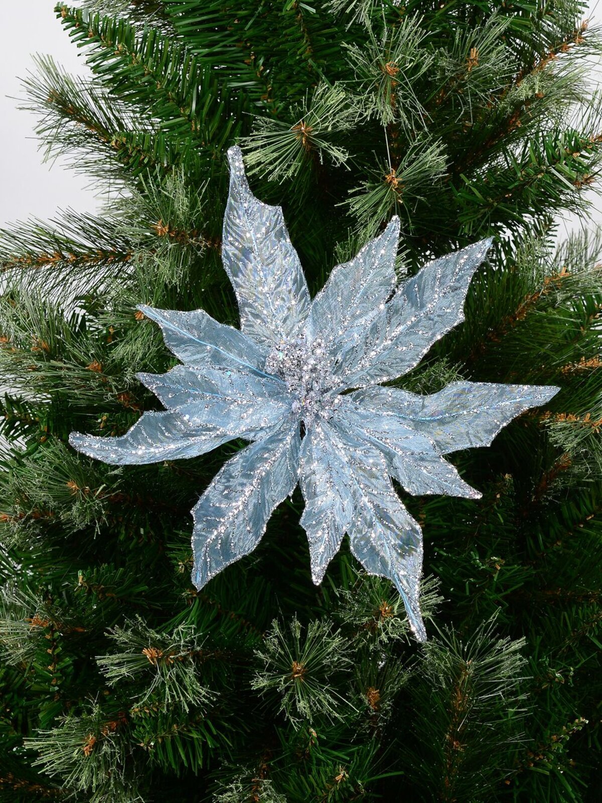 28cm Light Baby Blue Mesh Leaf Poinsettia Christmas Tree Clip Pick — image 2