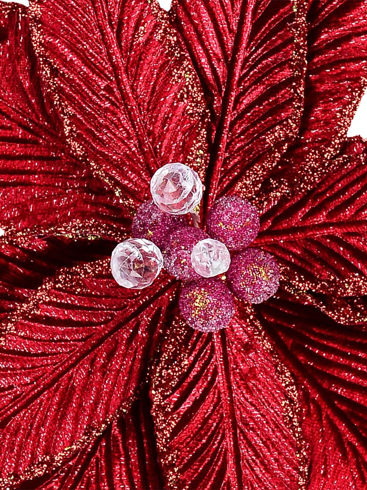 Red Velour Poinsettia With Glitter Christmas Tree Clip Pick | 28cm — image 3
