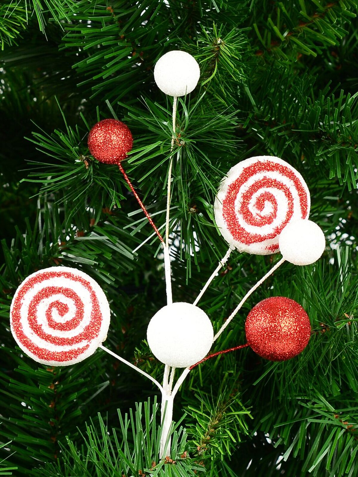 Red & White Candy Cane Swirls & Balls Christmas Tree Clip Pick | 28cm — image 2