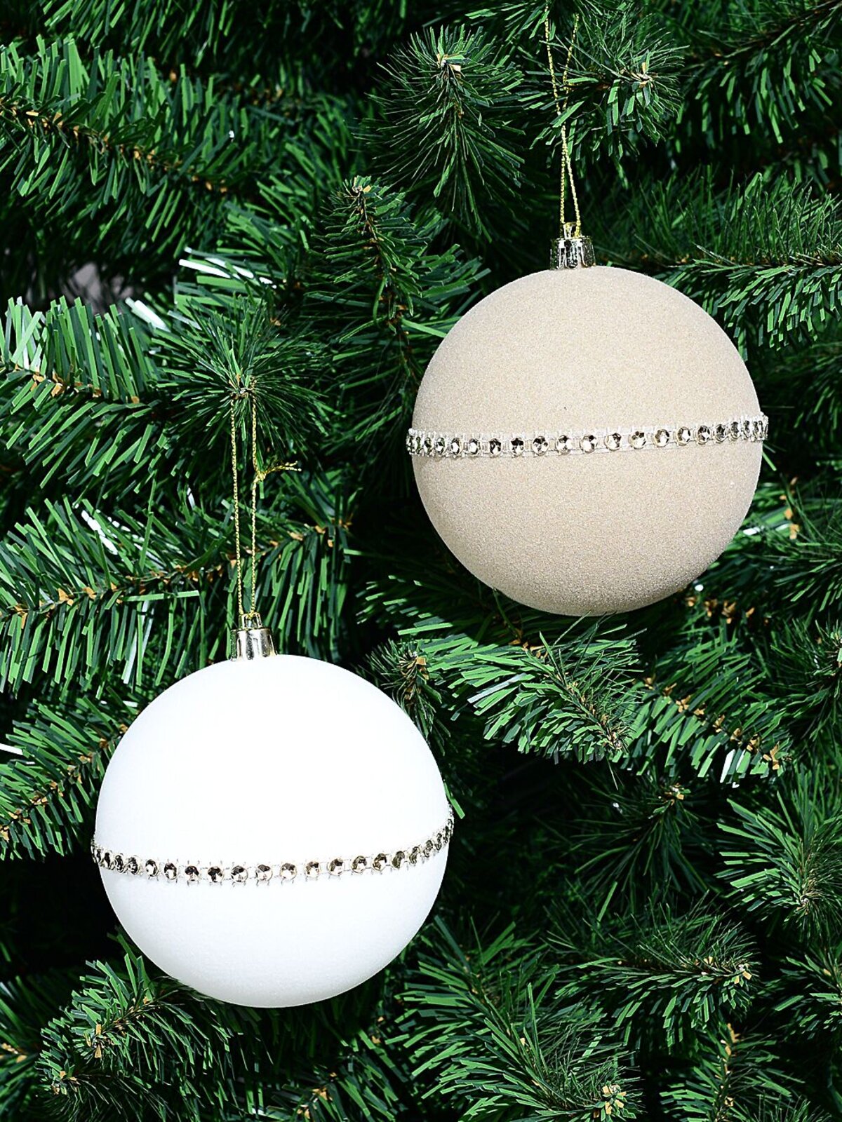 2x Opulent White & Coffee Signature Flocked Diamante Baubles | 95mm — image 2