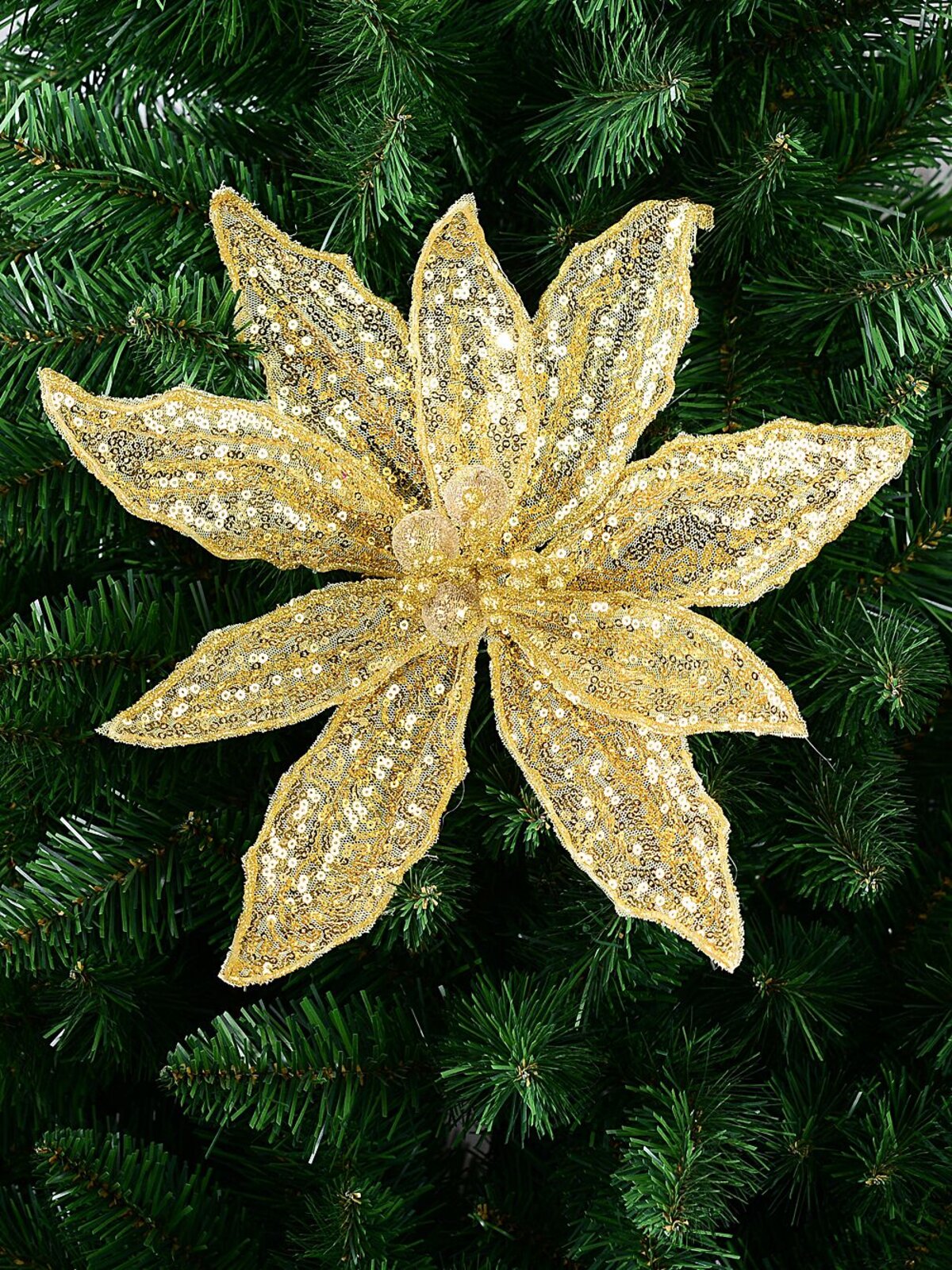 Gold Sequins On Mesh Poinsettia Christmas Tree Clip Pick | 30cm — image 2