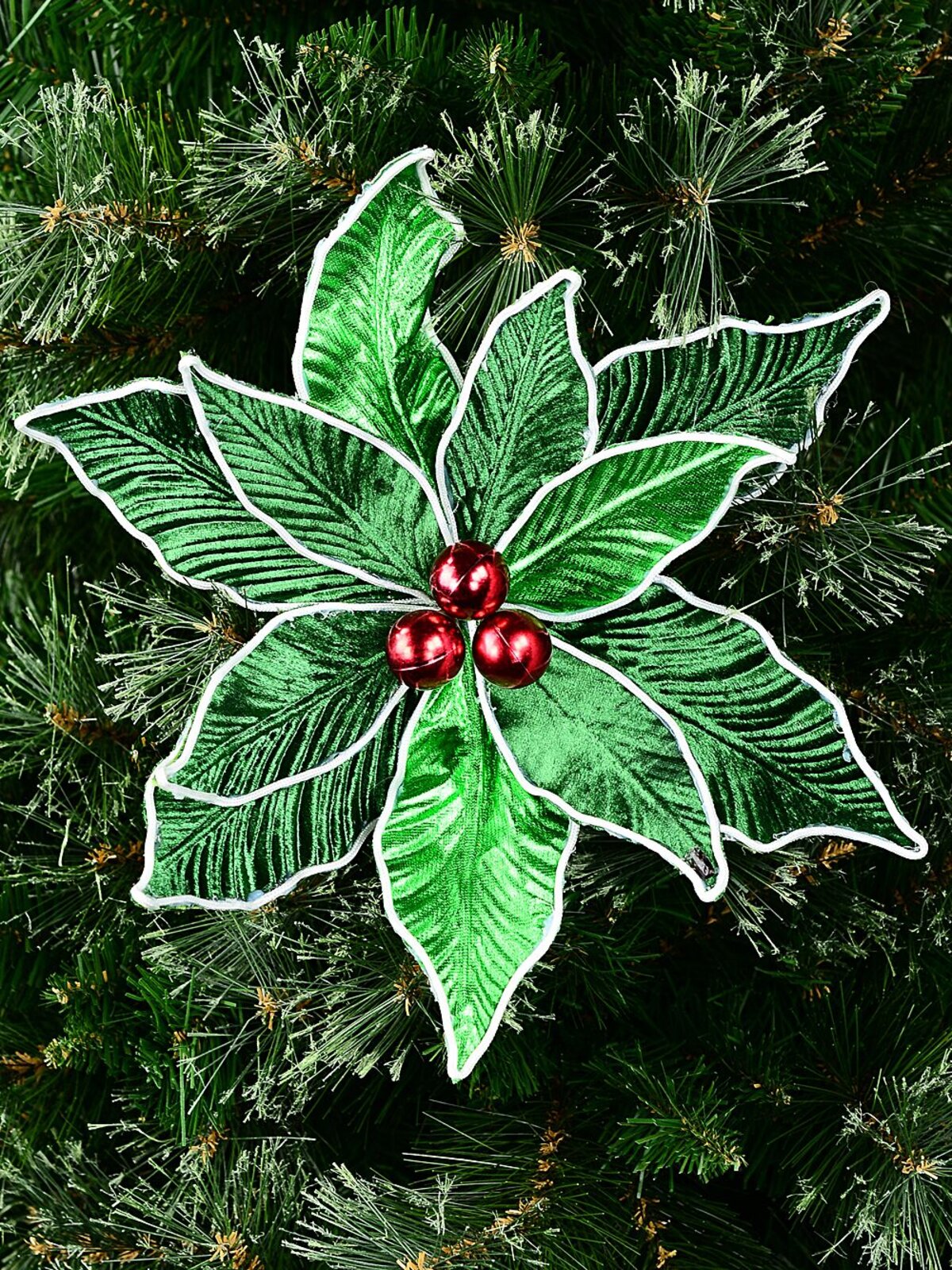 Green Poinsettia With White & Red Decor Christmas Tree Clip Pick | 30cm — image 2