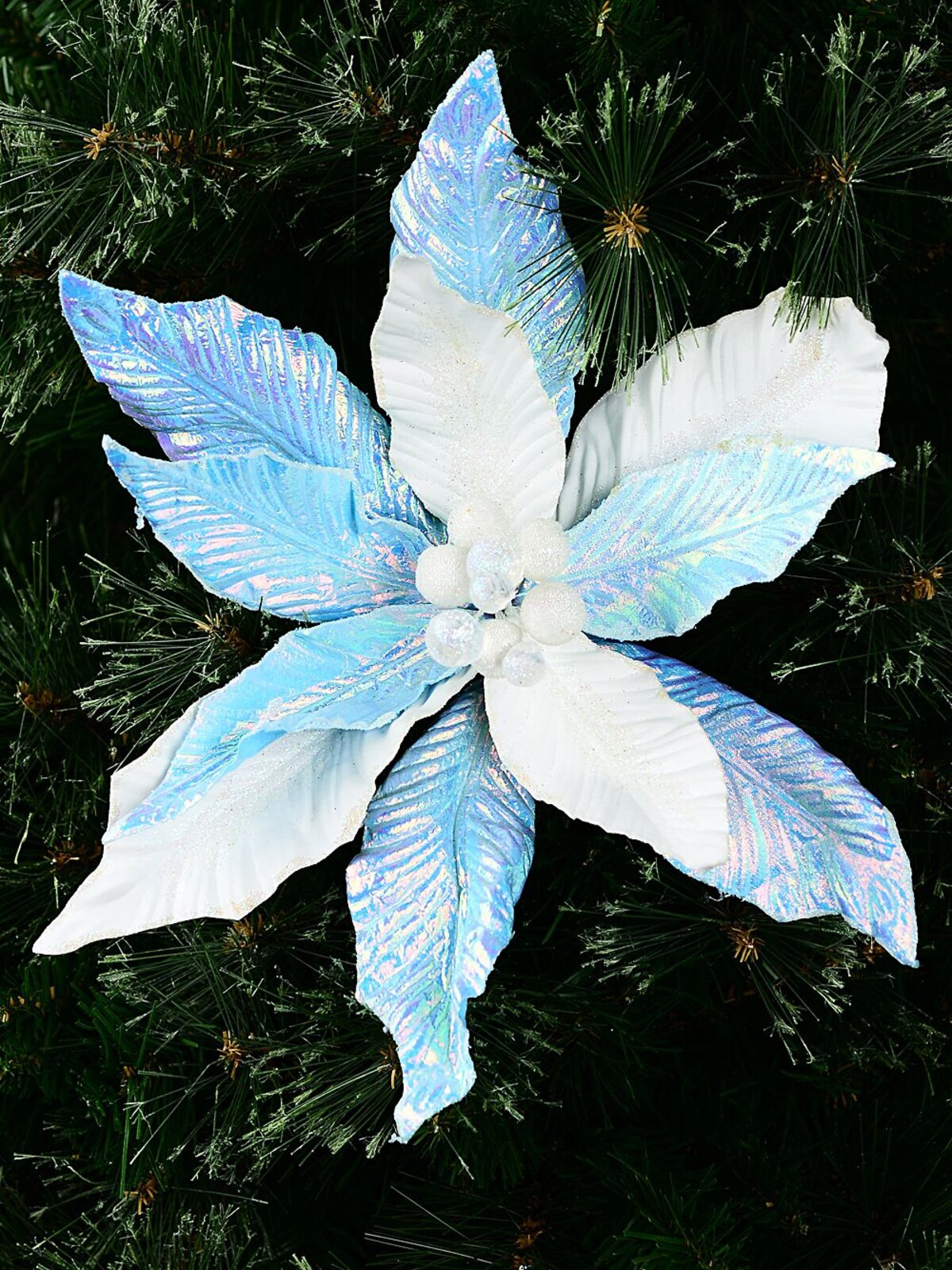 Iridescent Turquoise & Ivory Poinsettia Christmas Tree Clip Pick | 30cm — image 2