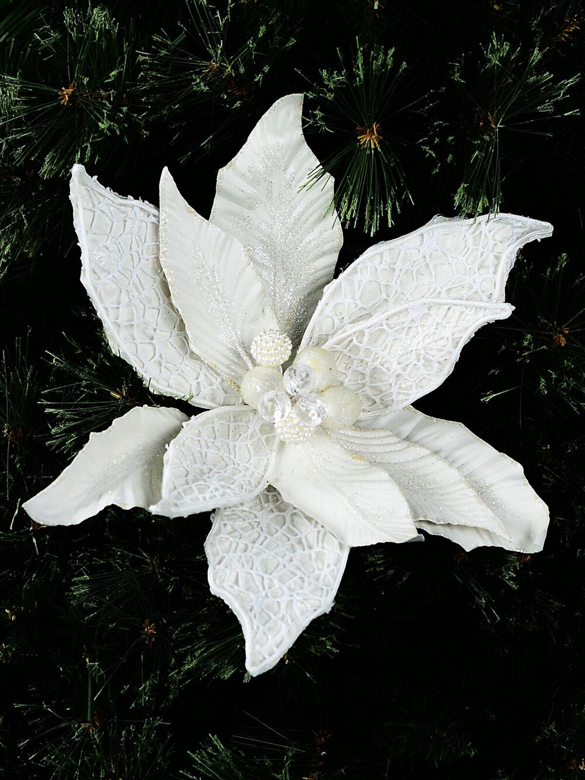 Ivory Web Mesh & Textured Poinsettia Christmas Tree Clip Pick | 30cm — image 2
