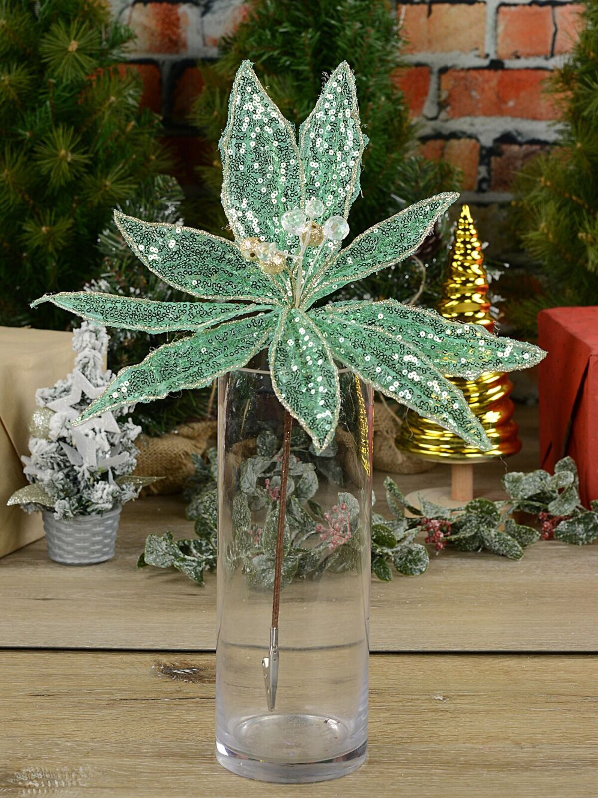 Mint Green Sequins On Mesh Poinsettia Christmas Tree Clip Pick | 30cm — image 3