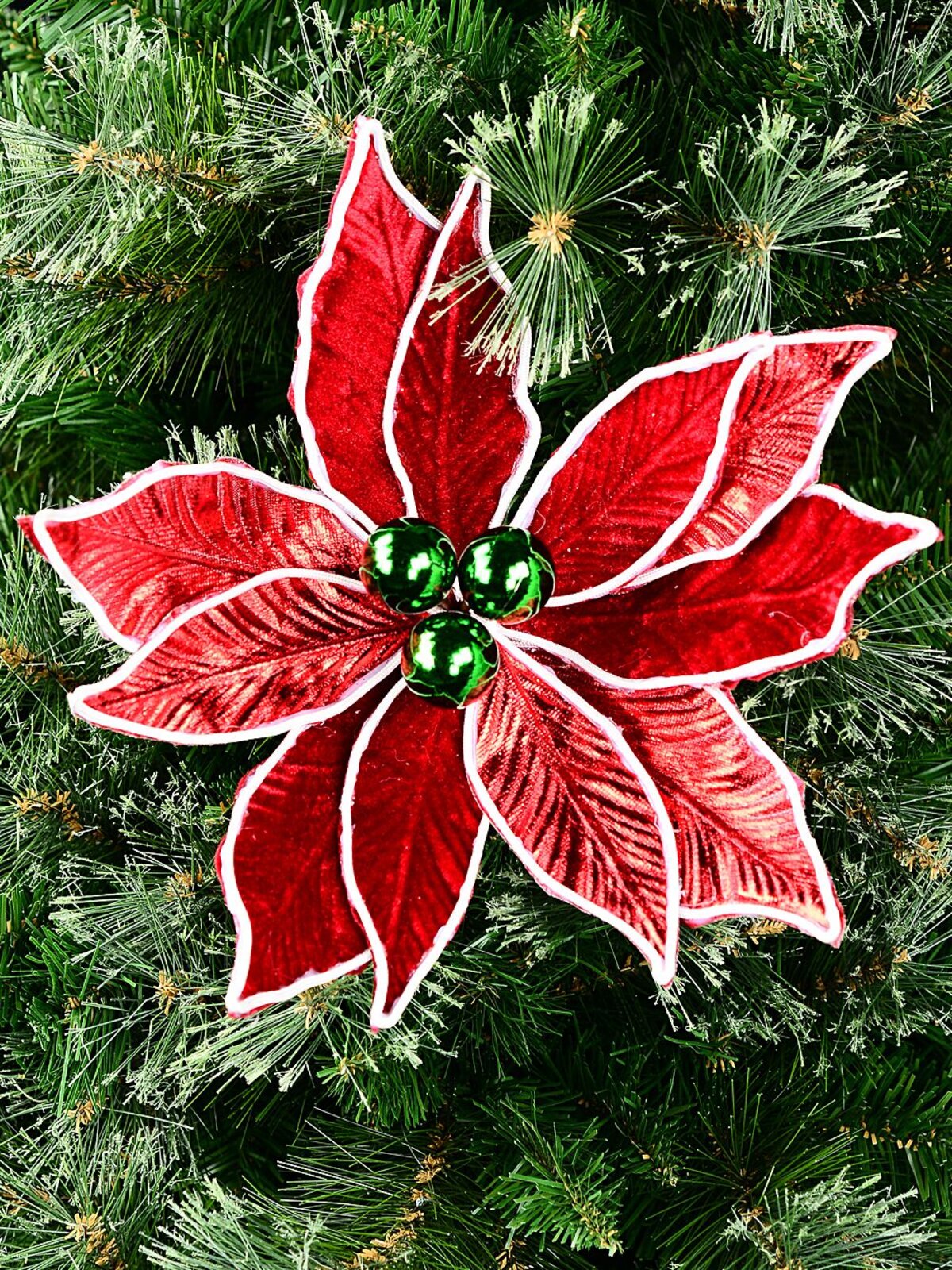 Red Poinsettia With White & Green Decor Christmas Tree Clip Pick | 30cm — image 2