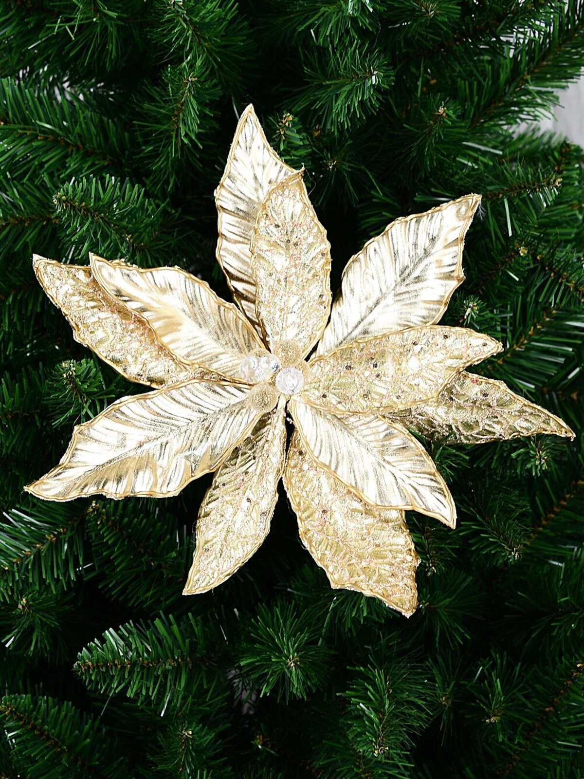 Matte Gold & Shiny Champagne Poinsettia Christmas Tree Clip Pick | 32cm — image 2