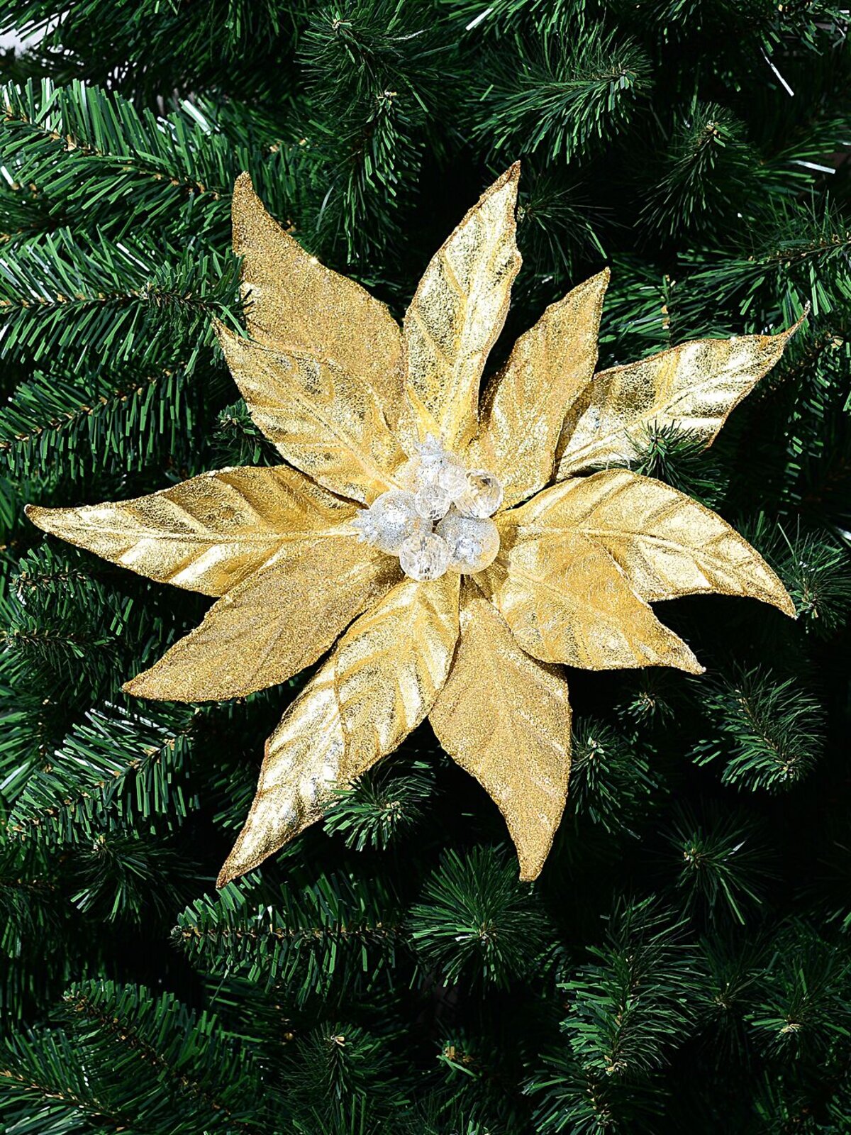Shiny Gold With Glitter & Frost Poinsettia Christmas Tree Clip Pick | 32cm — image 2