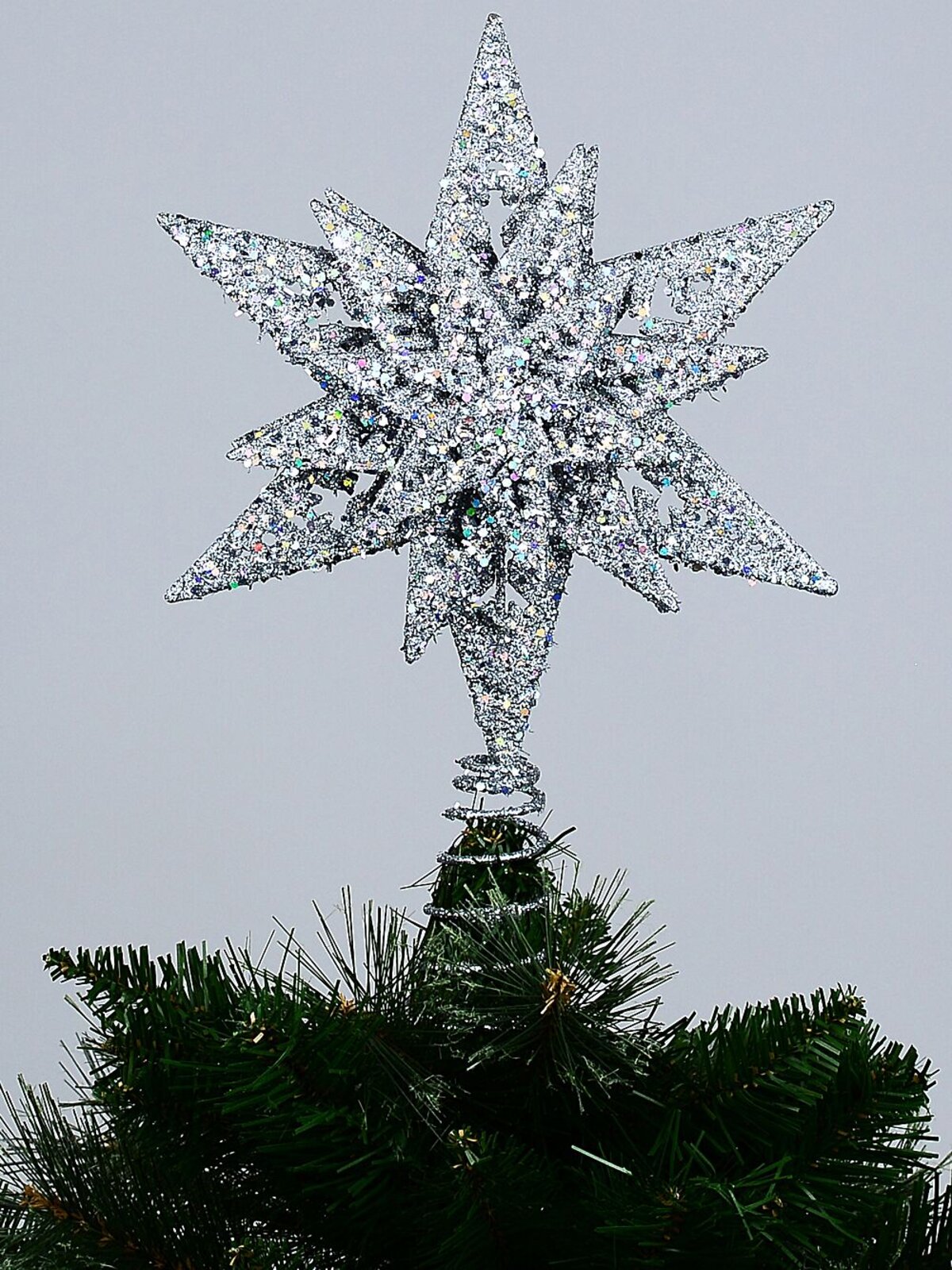 32cm Silver Glitter & Iridescent Sequin Christmas Star Tree Top Decoration — image 2