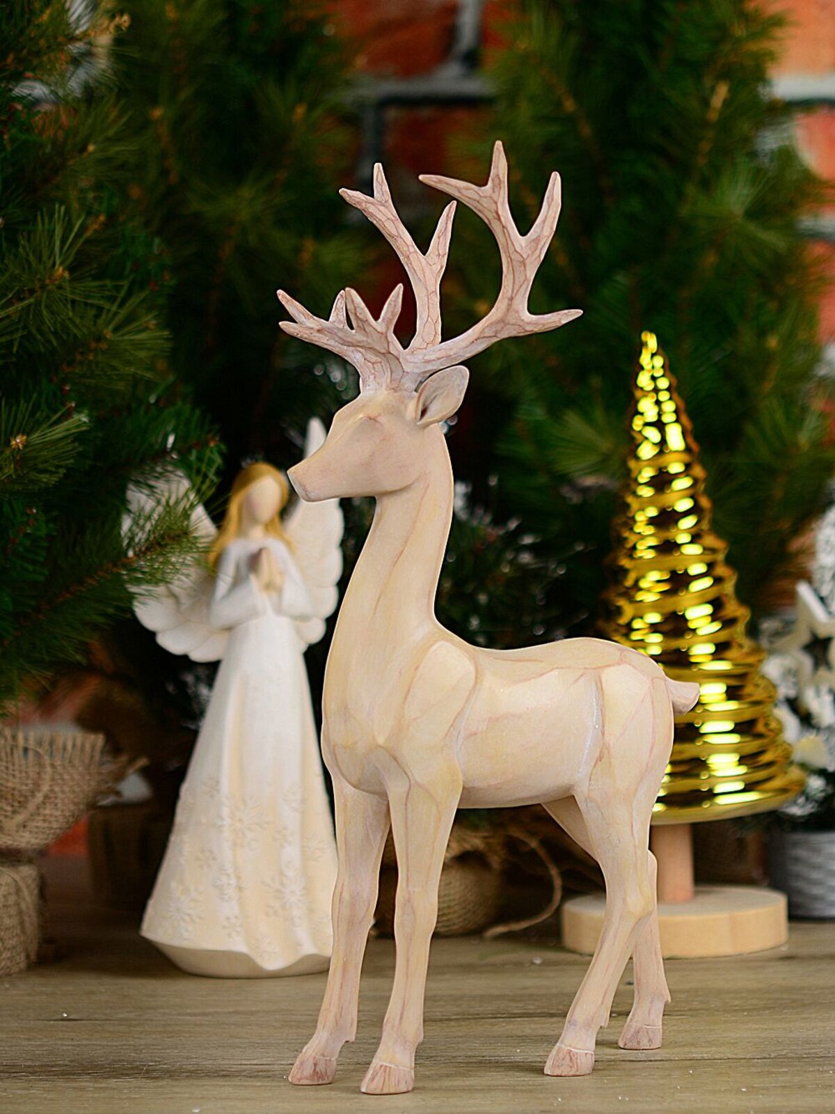 36cm Carved Wood Style Standing Reindeer Resin Figurine — image 2