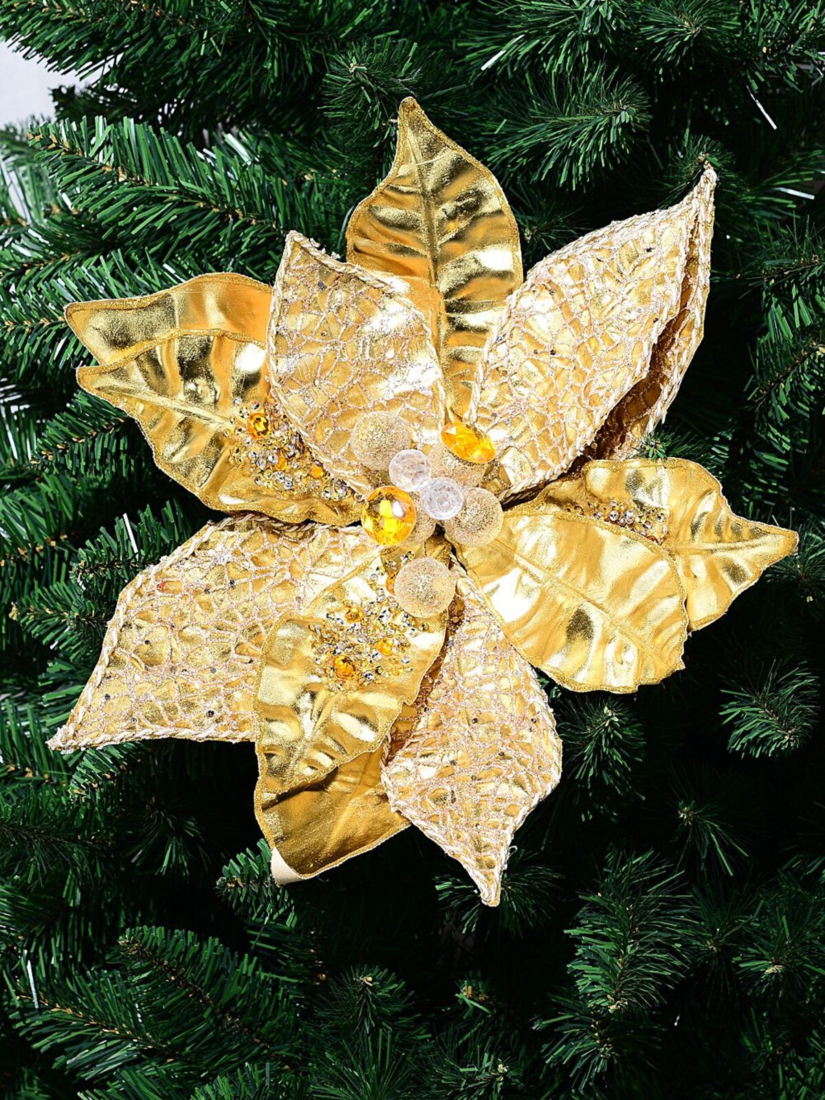Large Gold Gloss & Glitter Web Vein Poinsettia Christmas Tree Clip Pick | 36cm — image 2