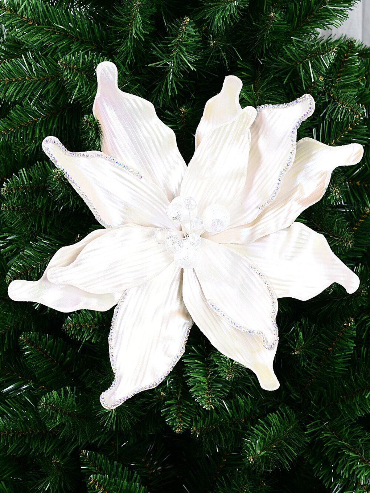 Matte Pearl Poinsettia With Diamante Edging Christmas Tree Clip Pick | 38cm — image 2
