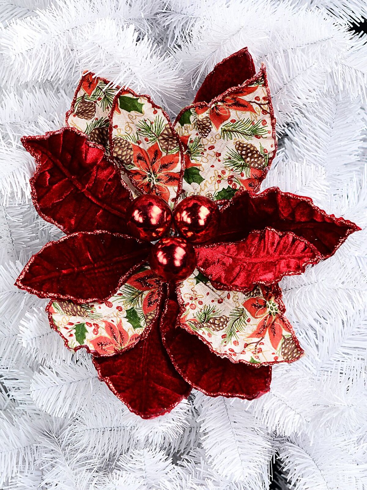 38cm Red & Foliage Print Fabric Poinsettia Flower Christmas Tree Clip Pick — image 2