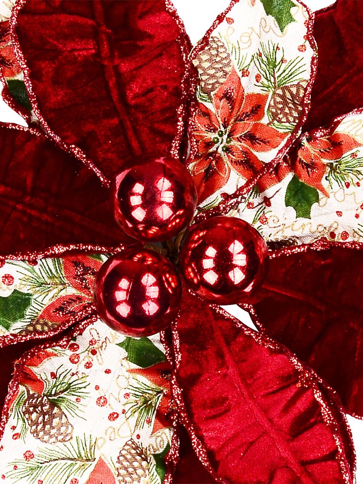 38cm Red & Foliage Print Fabric Poinsettia Flower Christmas Tree Clip Pick — image 3