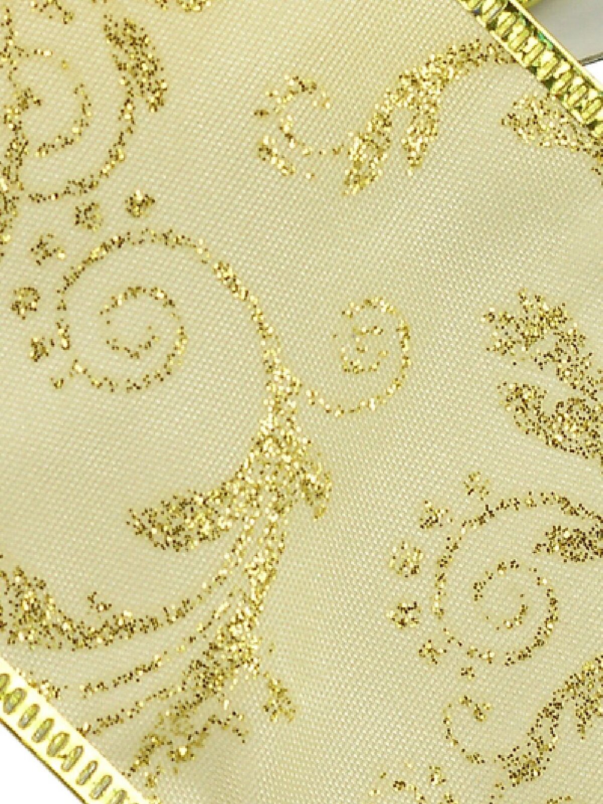 3m Champagne Satin Wide Cut Ribbon With Gold Floral Pattern