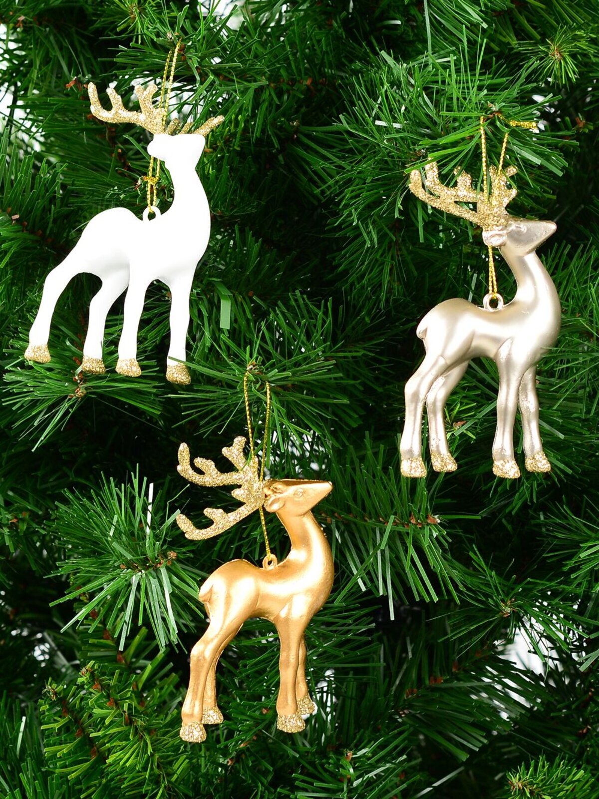 3x 12cm White, Silver & Gold Reindeer Christmas Tree Hanging Decorations — image 5