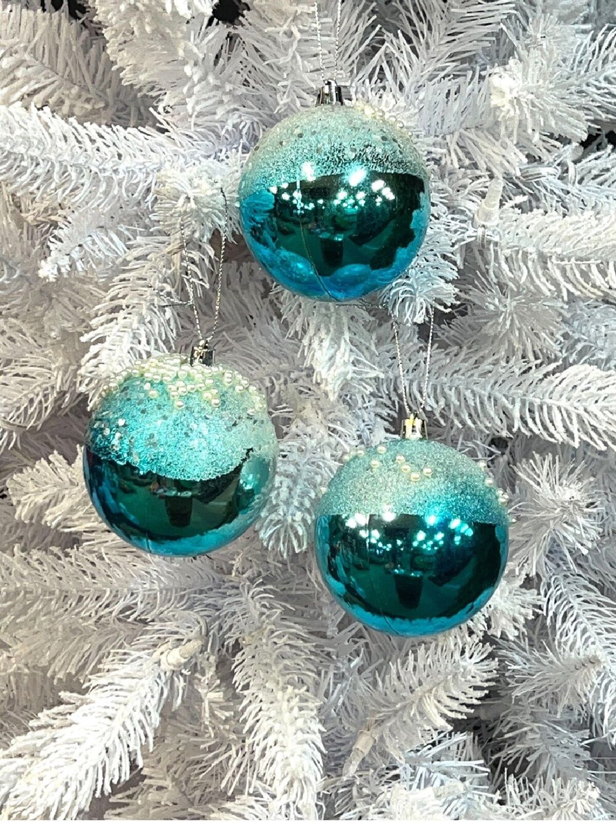 3x Opulent Blue Statement Frosted Sequin & Pearl Baubles | 80mm — image 2