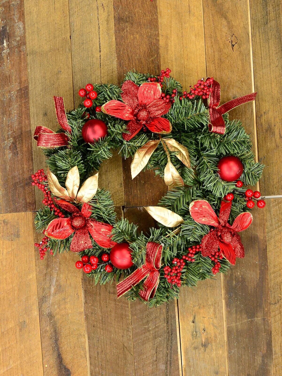 40cm Red Poinsettia Christmas Wreath With Gold Leaves, Berries & Ribbon — image 5