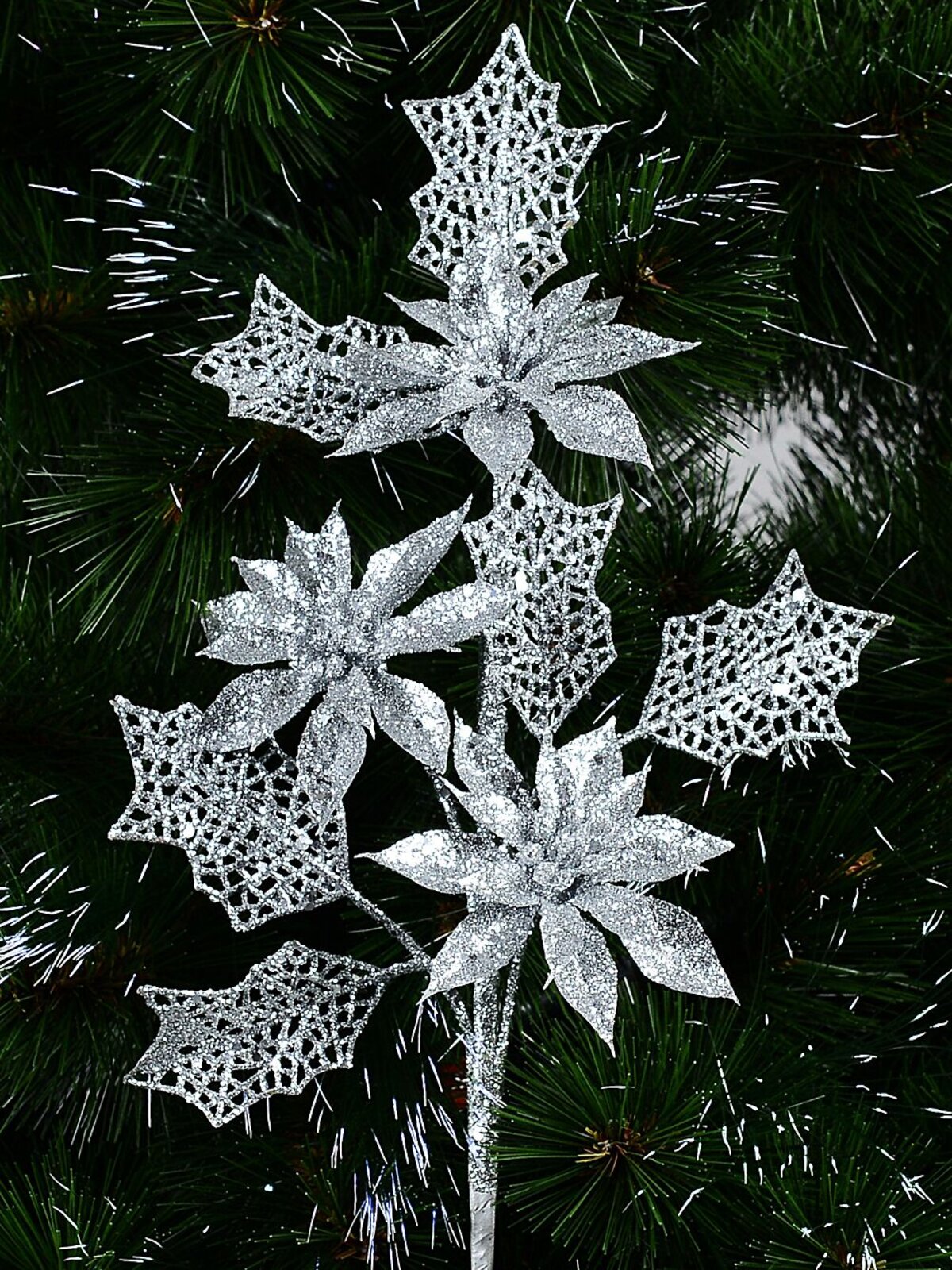 Silver Glitter Poinsettia & Filigree Leaf Spray Long Christmas Stem | 42cm — image 2