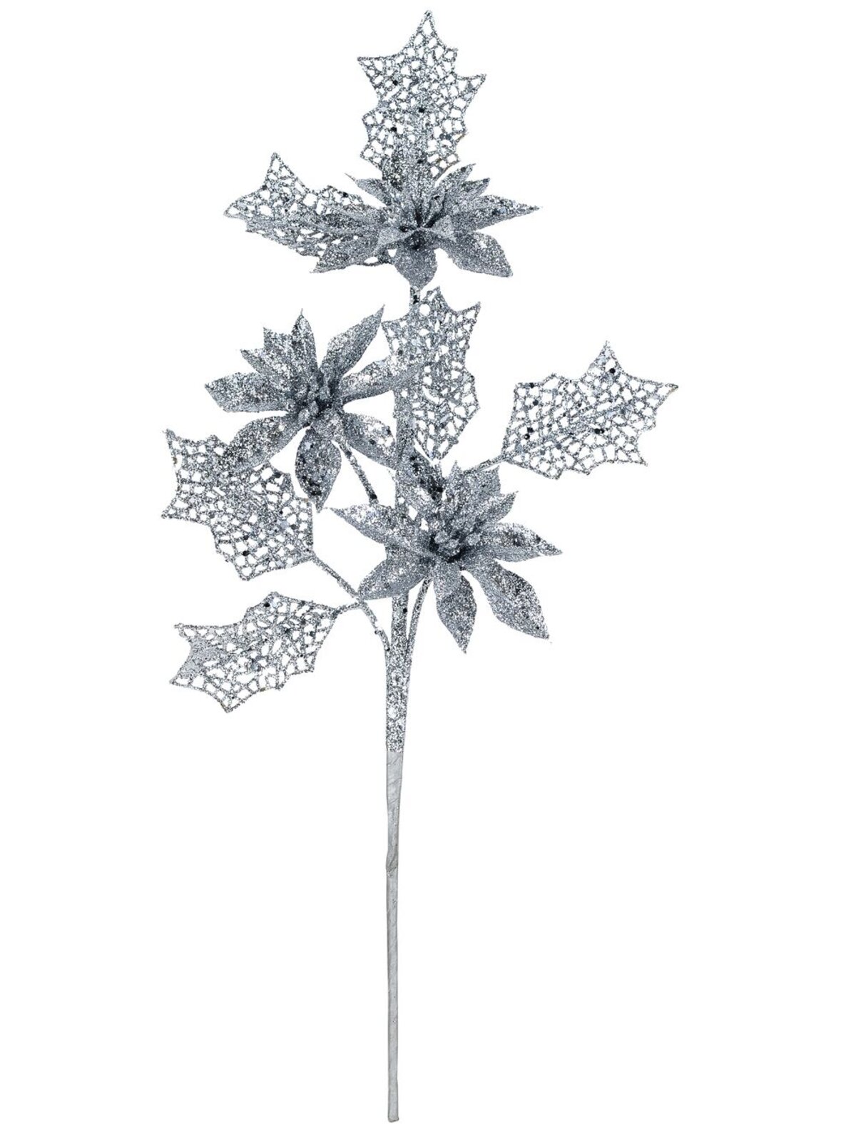 Silver Glitter Poinsettia & Filigree Leaf Spray Long Christmas Stem | 42cm — image 3