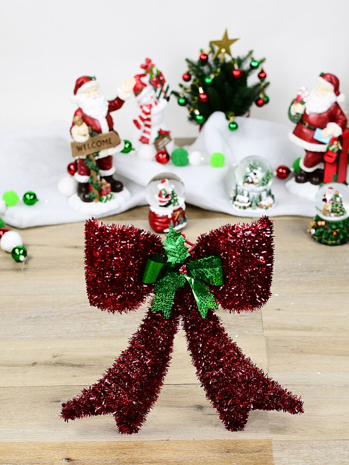 Red & Green Bow With Holly Christmas Tinsel Plaque Ornament | 43cm — image 2