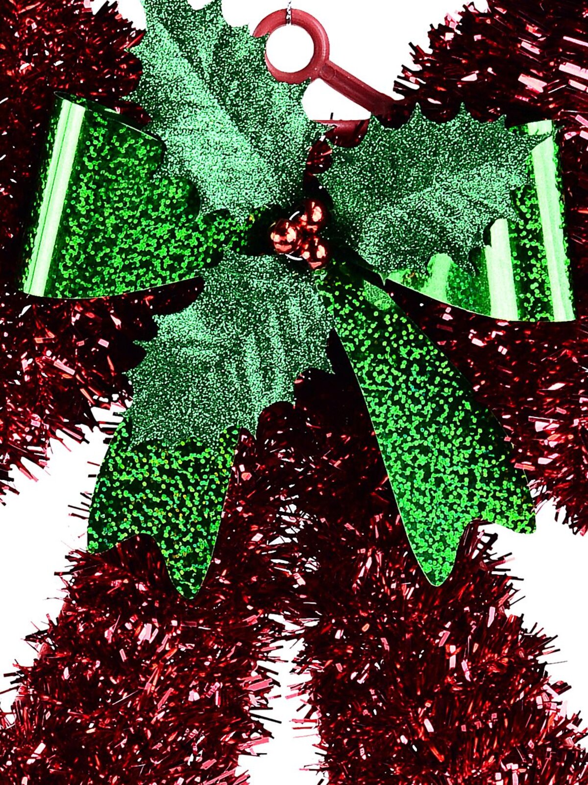 Red & Green Bow With Holly Christmas Tinsel Plaque Ornament | 43cm — image 3