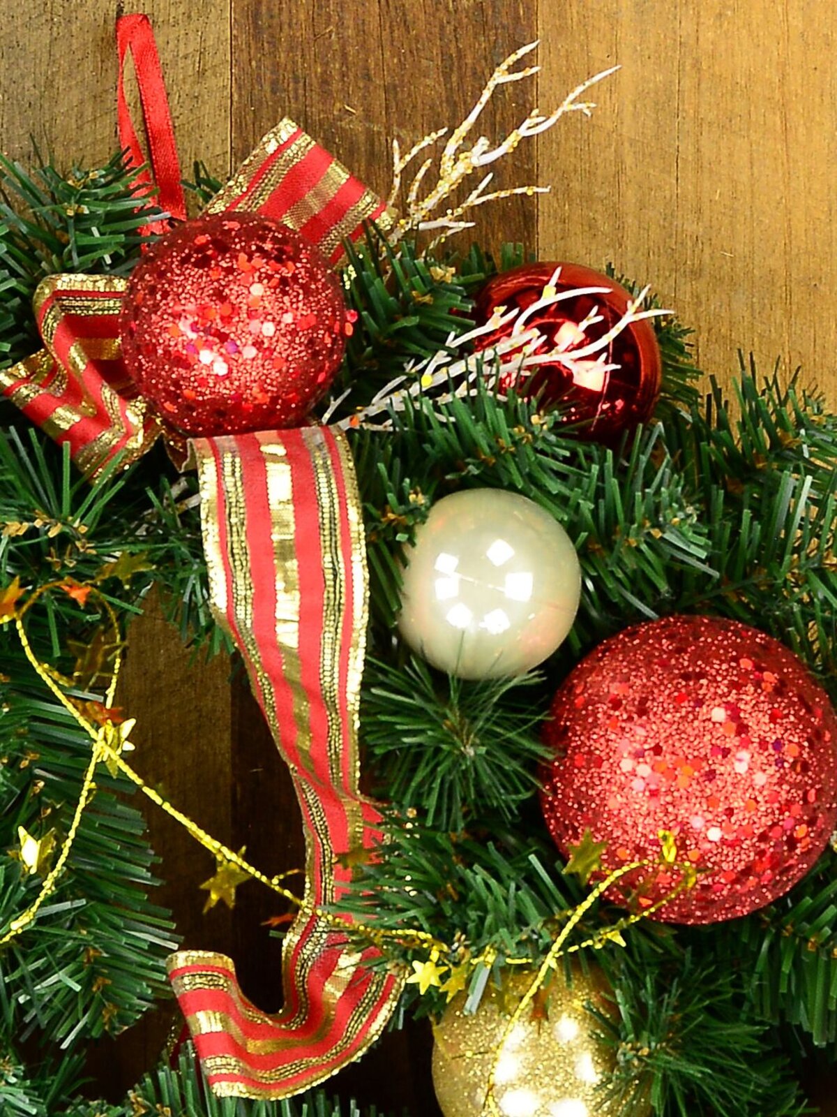 44cm Decorated Red & Gold Bauble, Ribbon & Twigs Fir Wreath — image 3